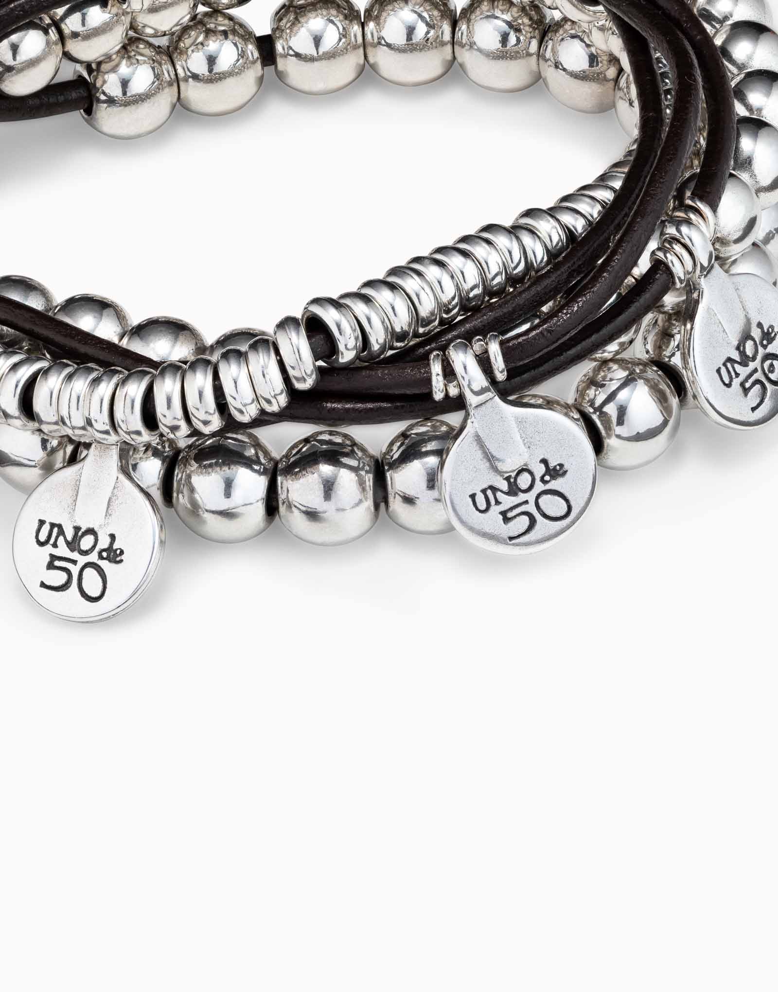 Leather and sterling silver-plated bracelet, Silver, large image number null