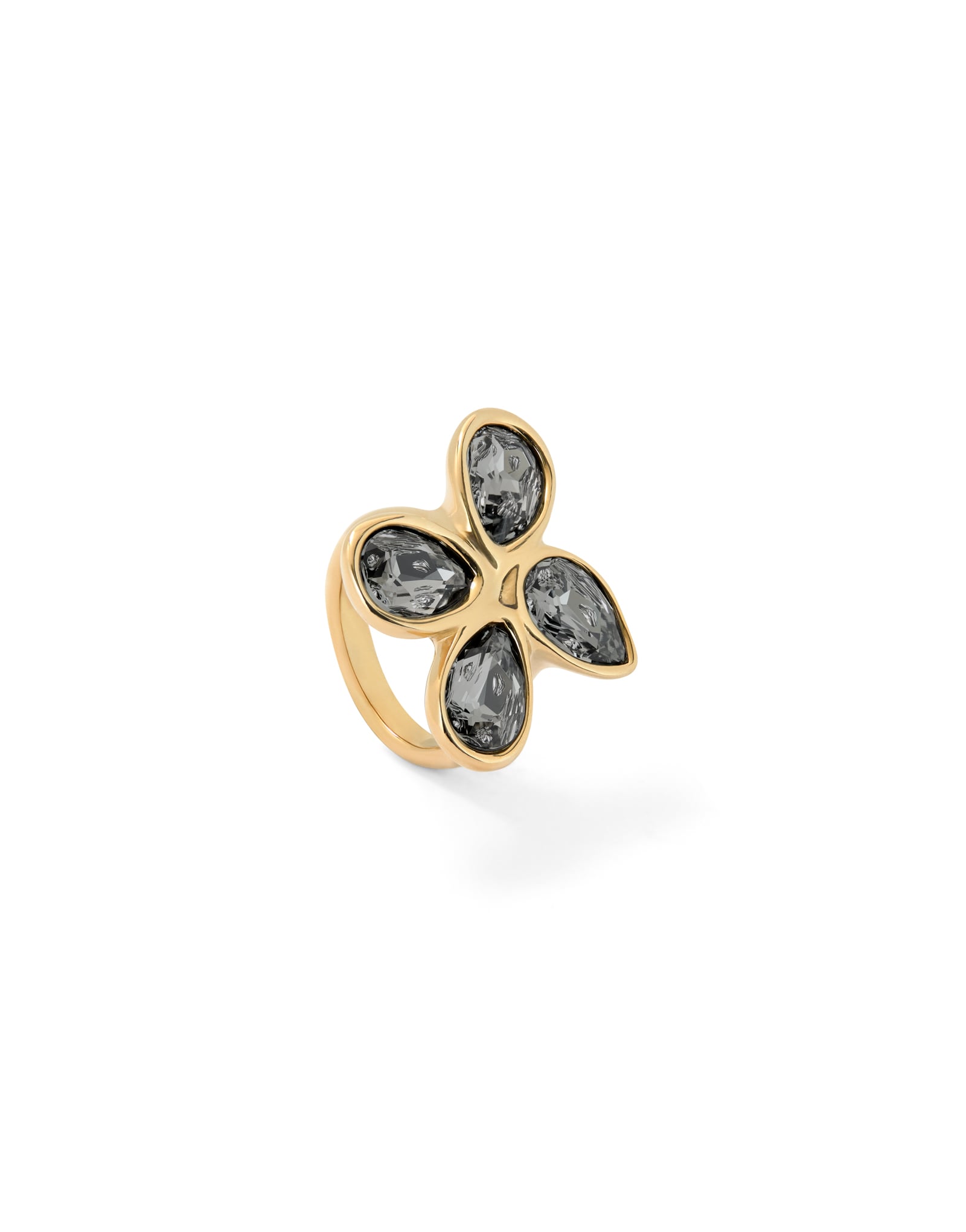 Ring with four grey drop-shaped faceted crystals