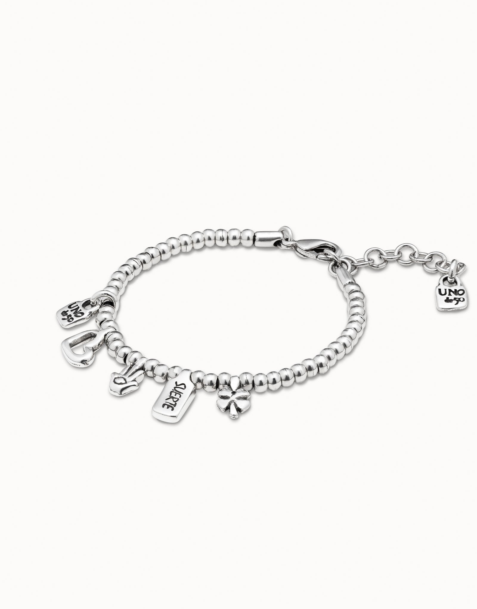 Bracciale placcato argento Sterling con charm cuore, quadrifoglio e mano, , large image number null