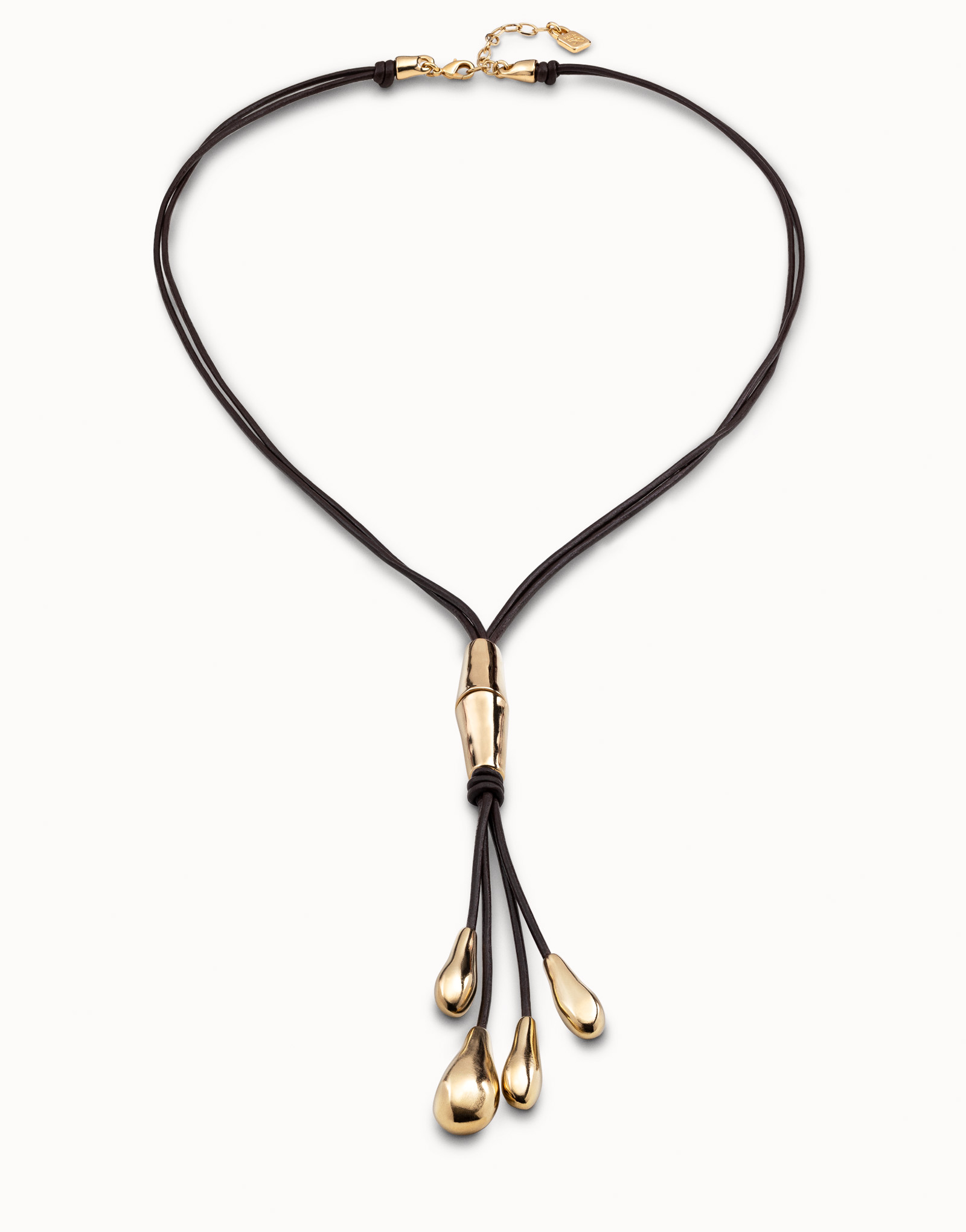 18K gold-plated long leather whip necklace with 2 tubules and 4 fringes with drops, Golden, large image number null