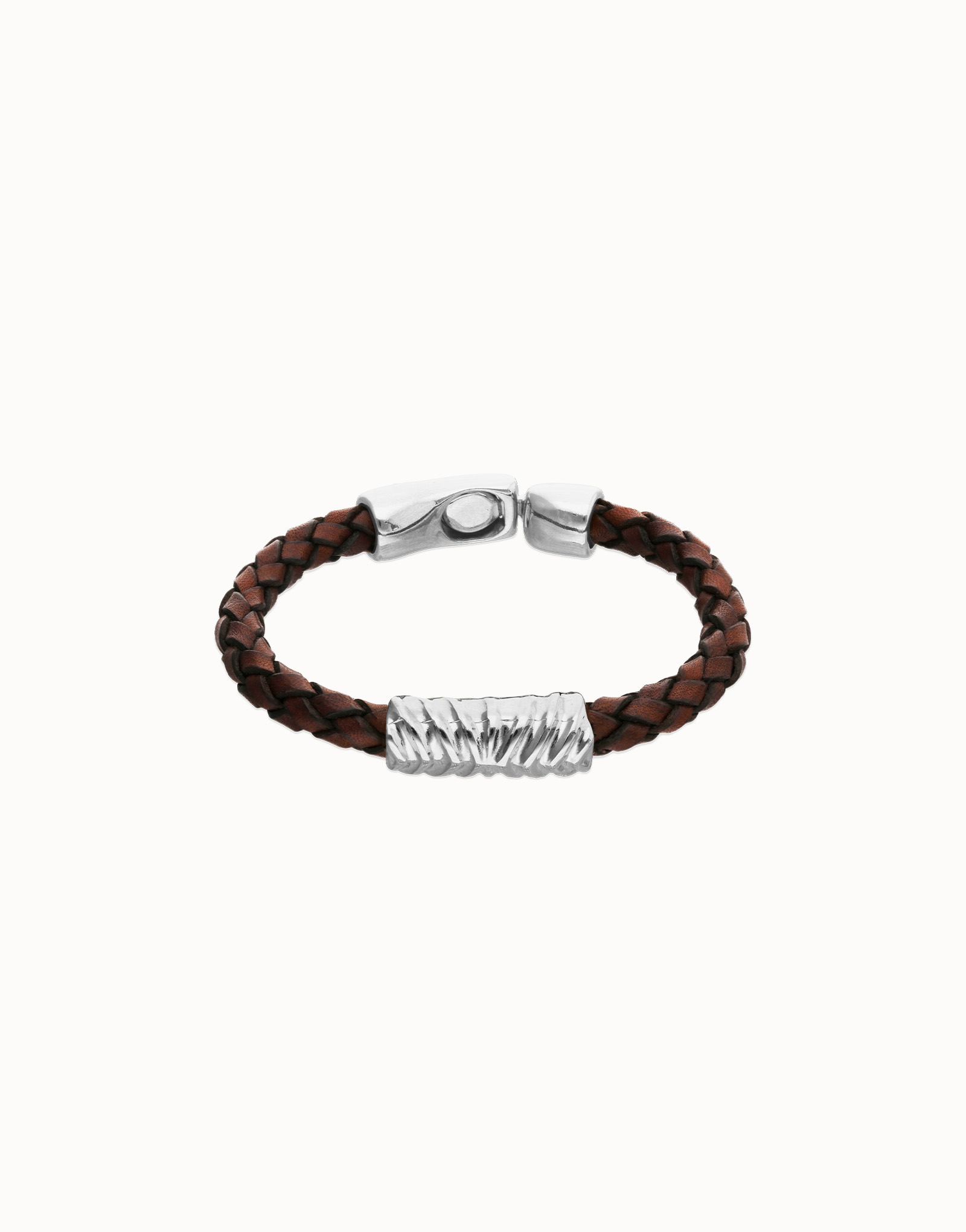 Brown braided leather bracelet with a metal detail, Silver, large thumbnail