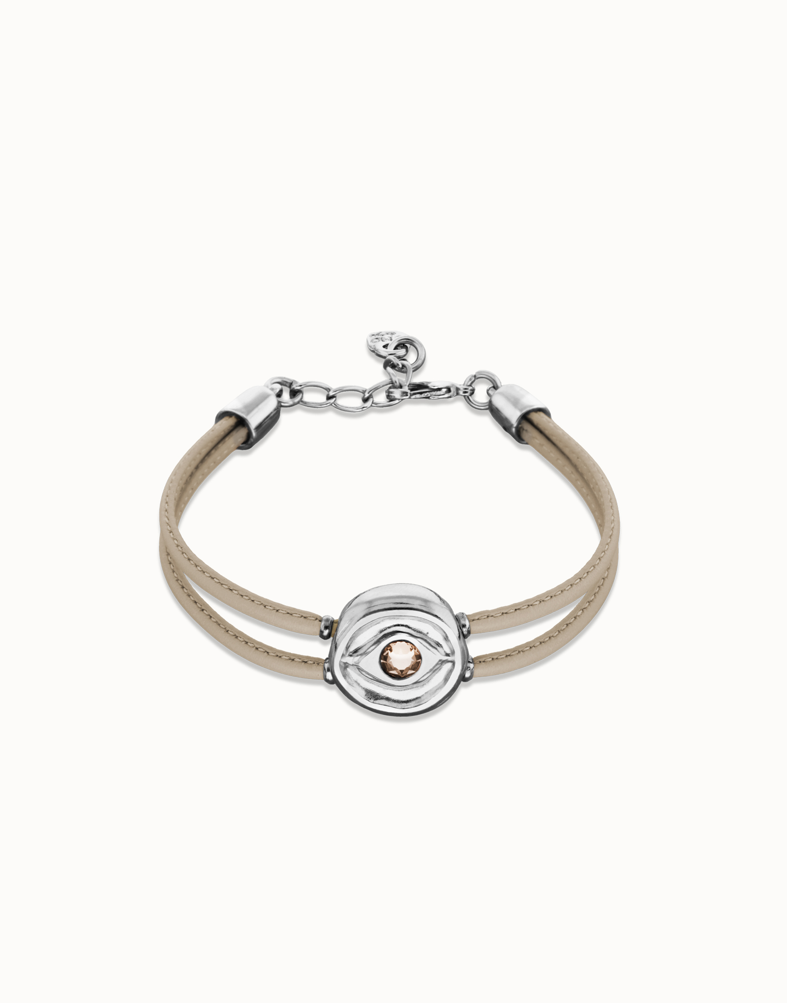 Double ivory leather birthstone bracelet with eye, Silver, large thumbnail