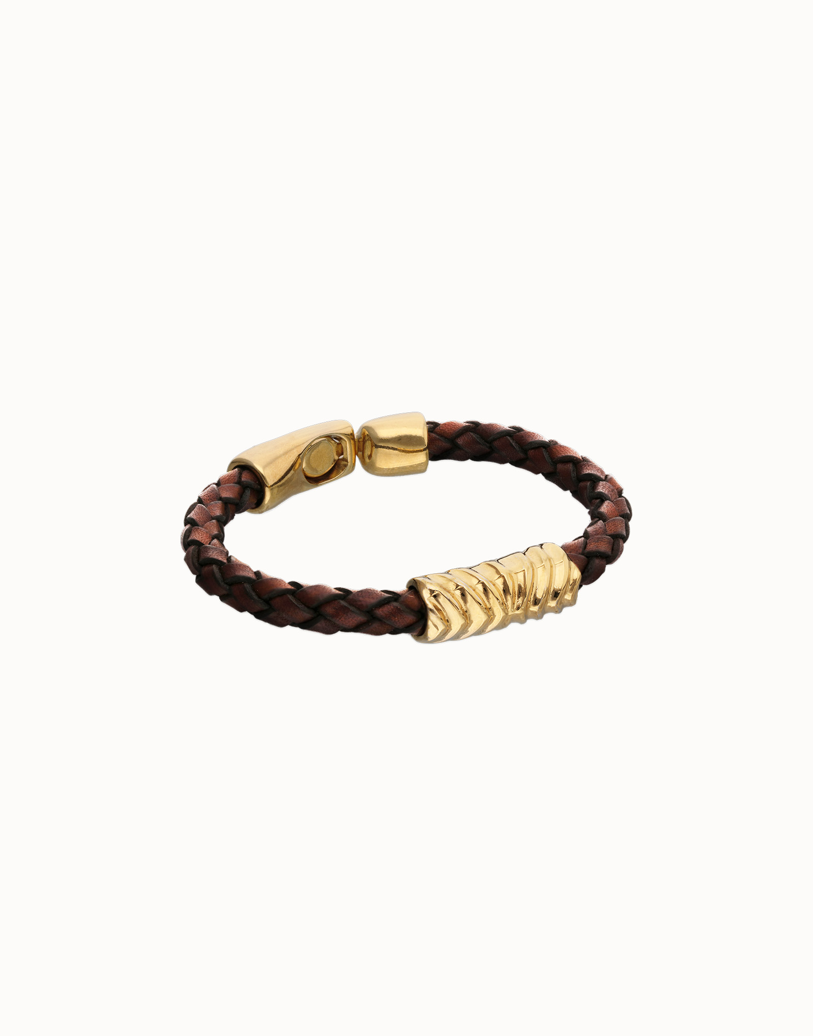 Brown braided leather bracelet with a metal detail, Golden, large thumbnail