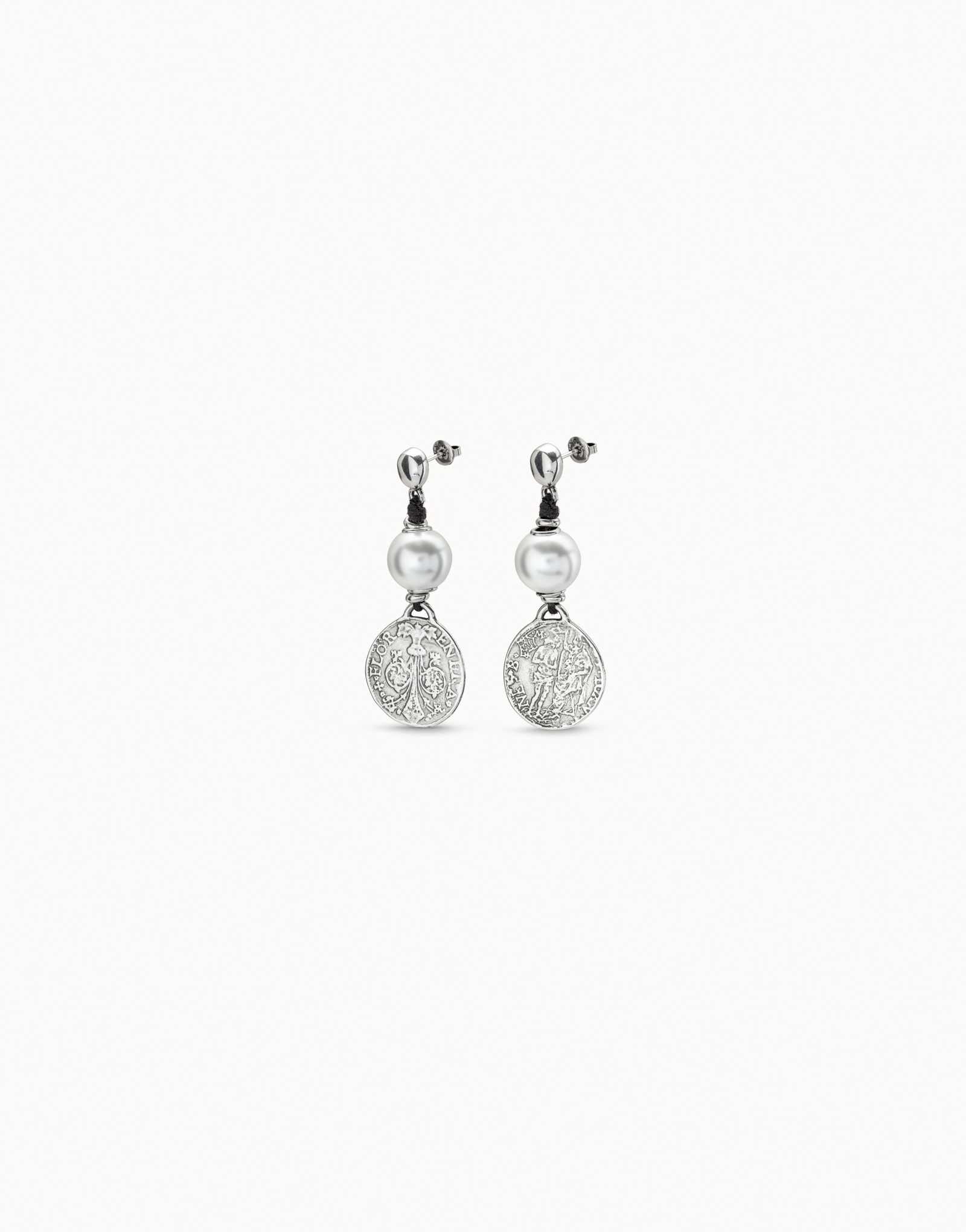 Boucles d’oreilles plaquées argent en cuir avec perle, Argent, large image number null