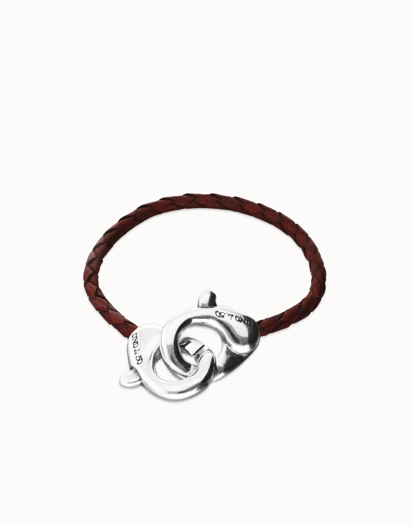 Pulsera de cuero marrón con mosquetón entrelazado, Plateado, large thumbnail
