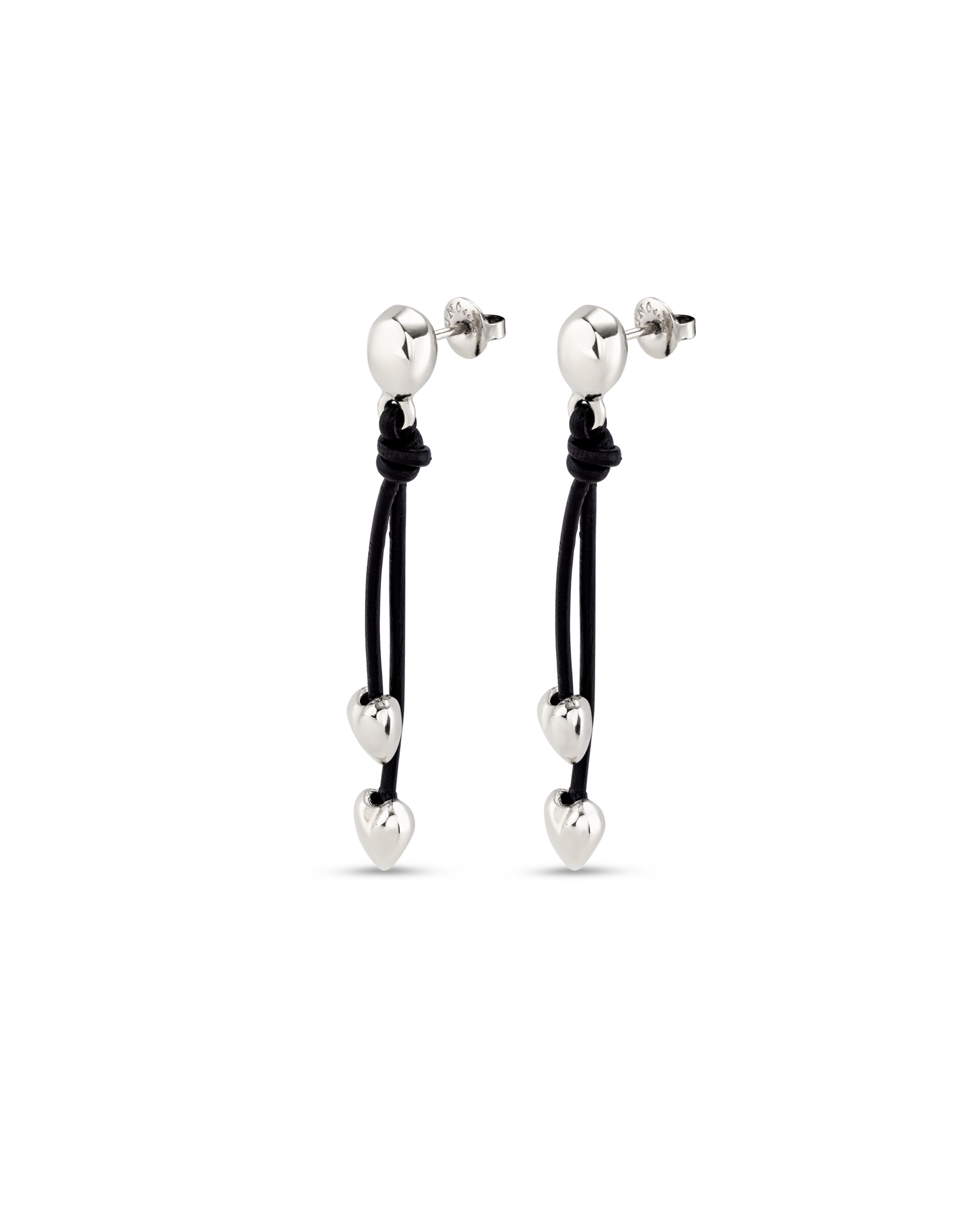 Earrings with leather chain pendant and two small sterling silver-plated hearts, Silver, large image number null