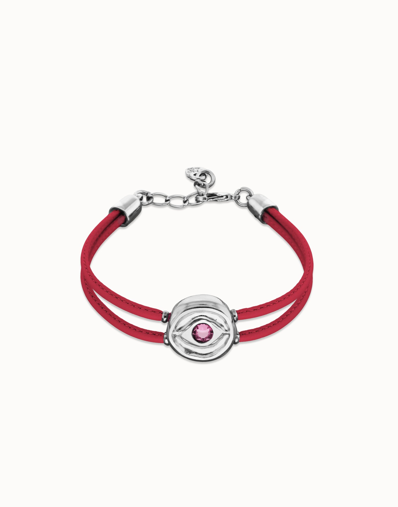 Double pink leather birthstone bracelet with eye, Silver, large thumbnail