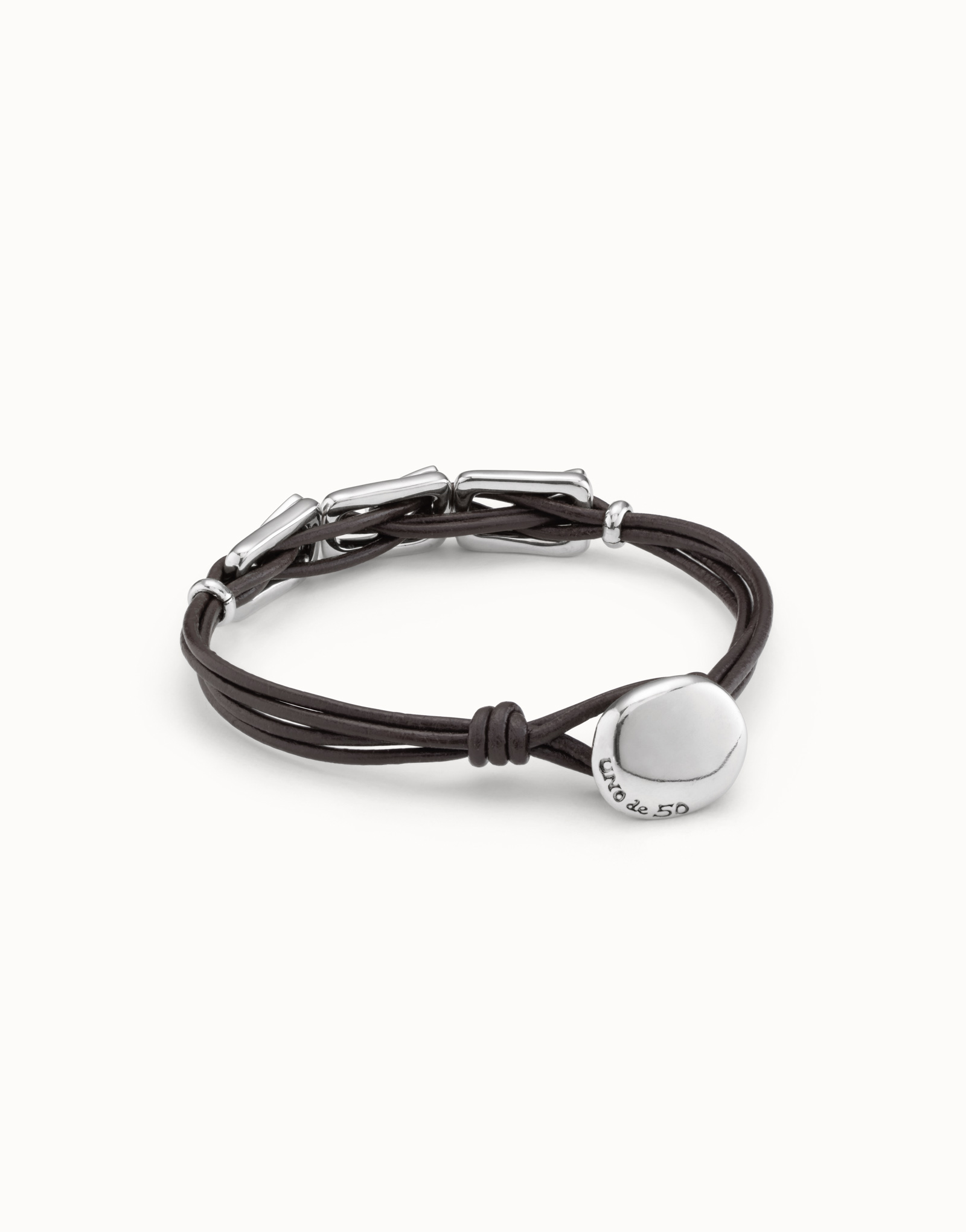 Bracciale in cuoio con 3 maglie placcate argento Sterling e topazi, chiusura a bottone, Argent, large image number null