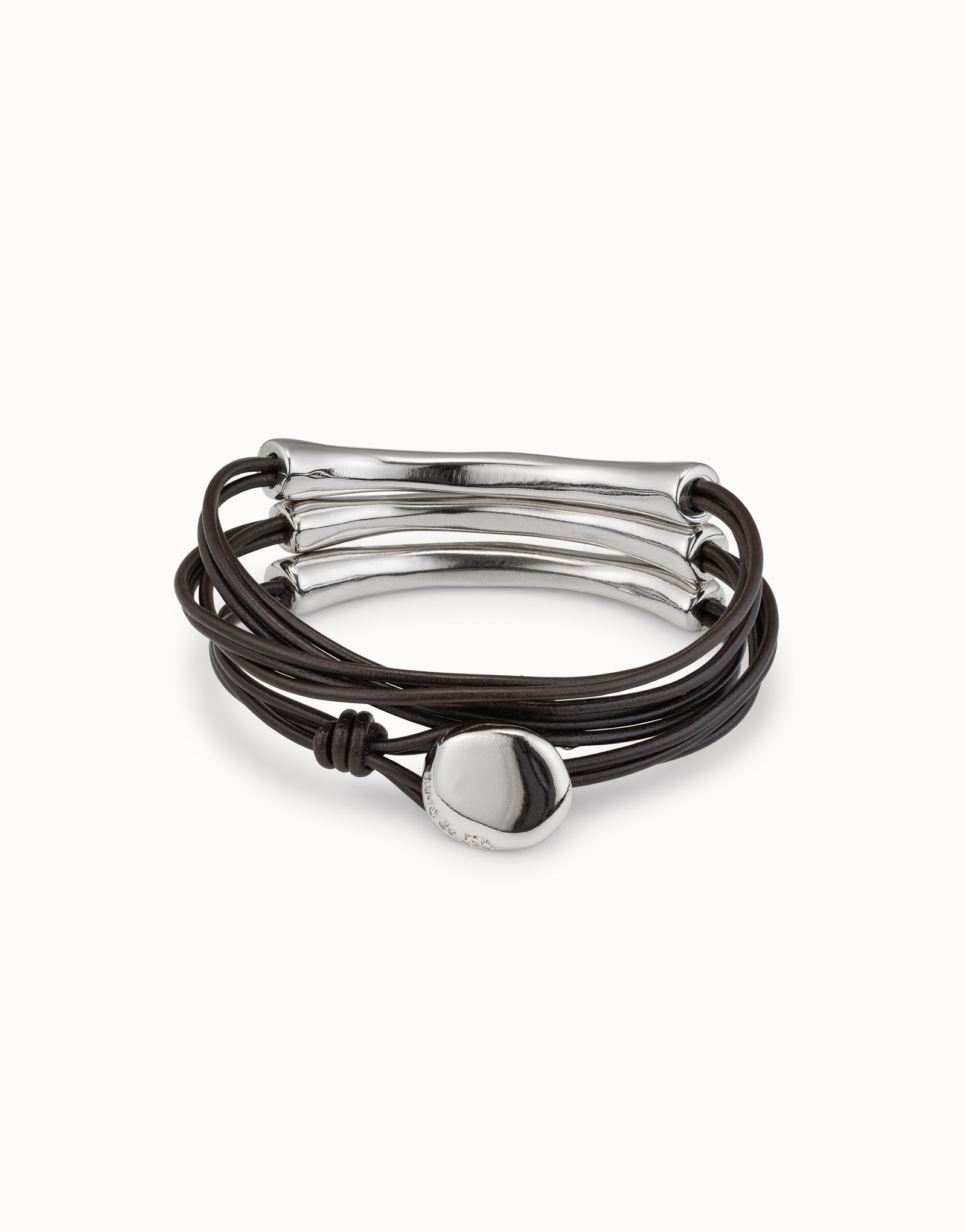 Bracciale a tre giri in cuoio marrone e particolari placcati argento Sterling, Argent, large image number null