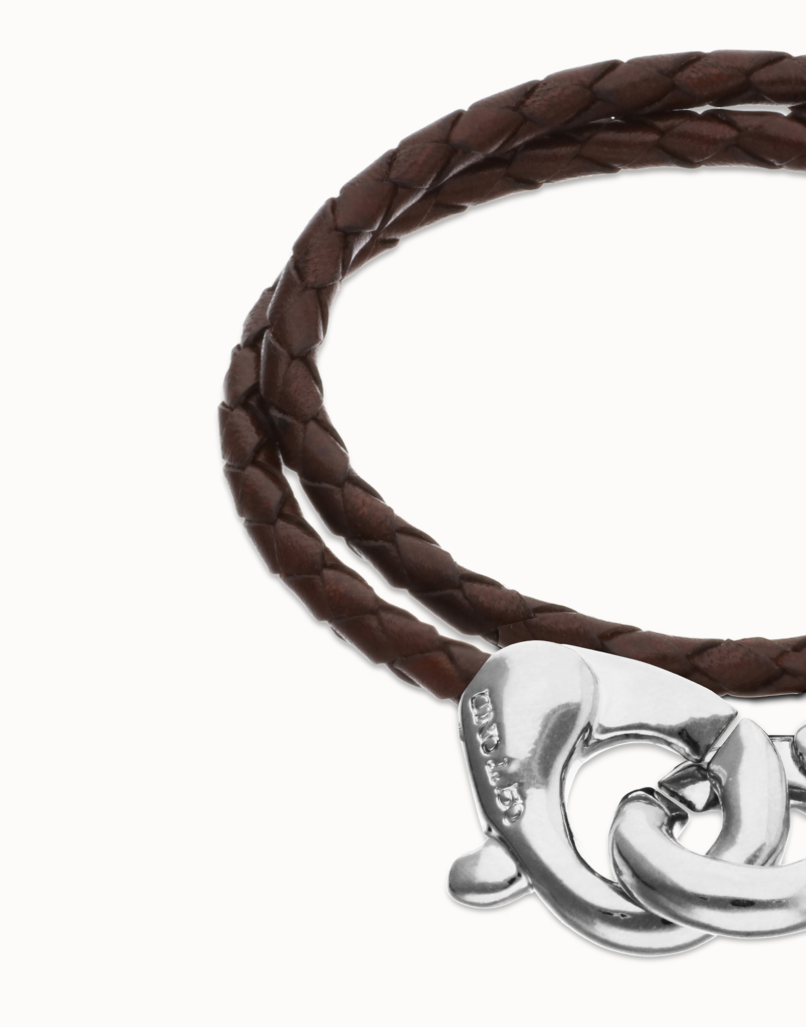 Pulsera de cuero doble marrón con mosquetón entrelazado en plata, Plateado, large thumbnail