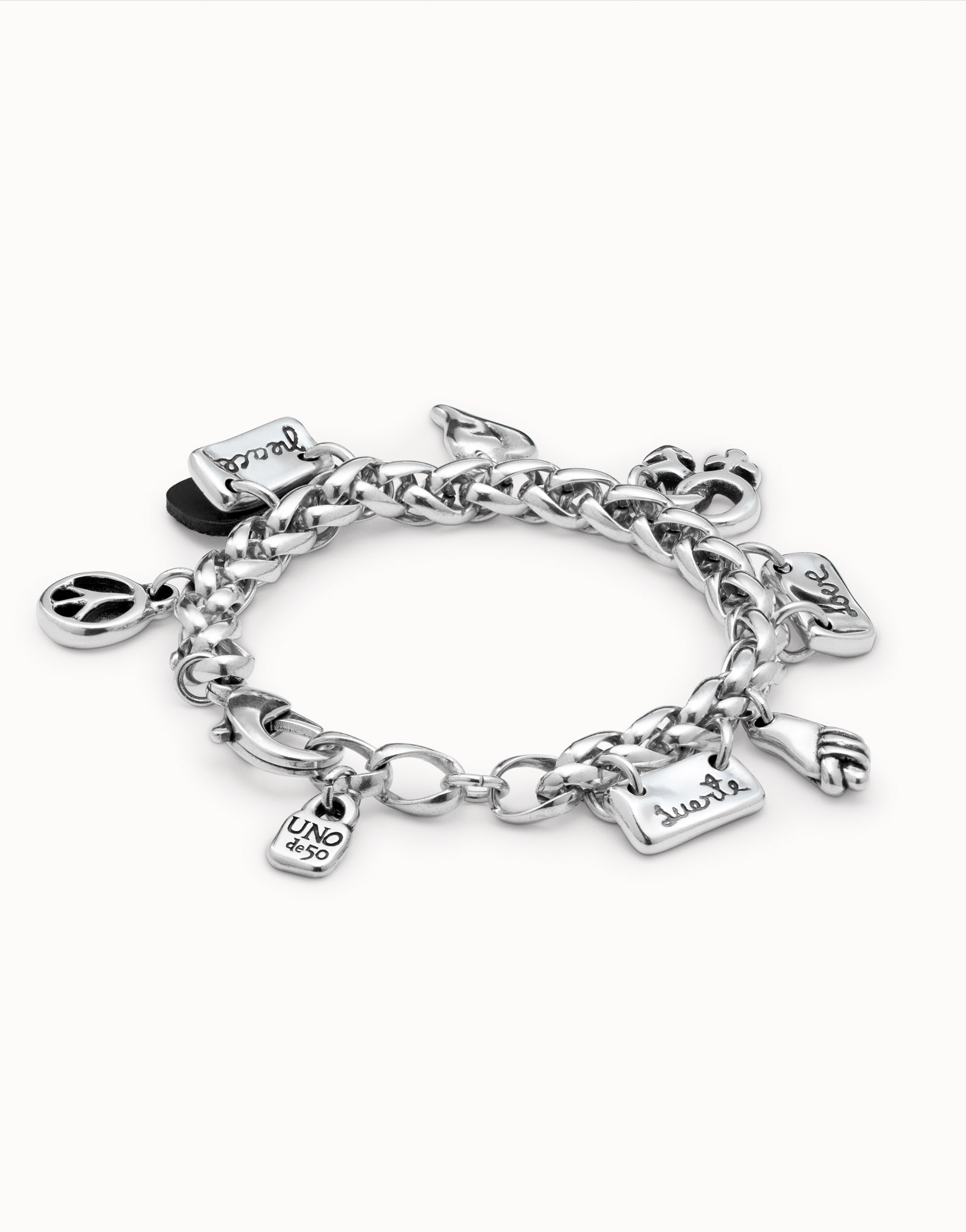 Sterling silver-plated bracelet with thick chain and several charms, , large image number null