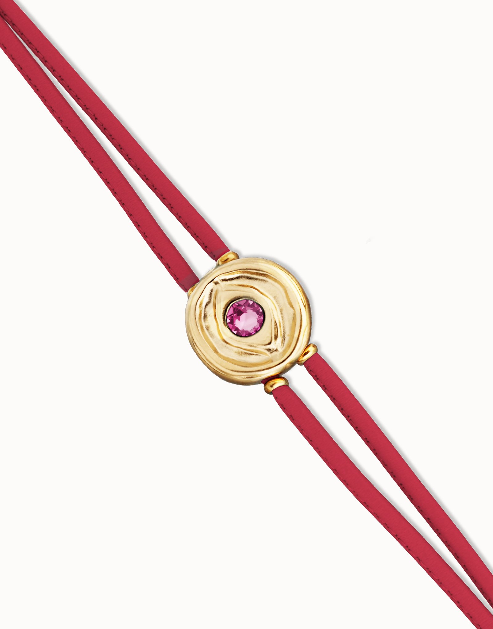 Pulsera doble de cuero fucsia con ojo bañado en oro 18k, Dorado, large thumbnail