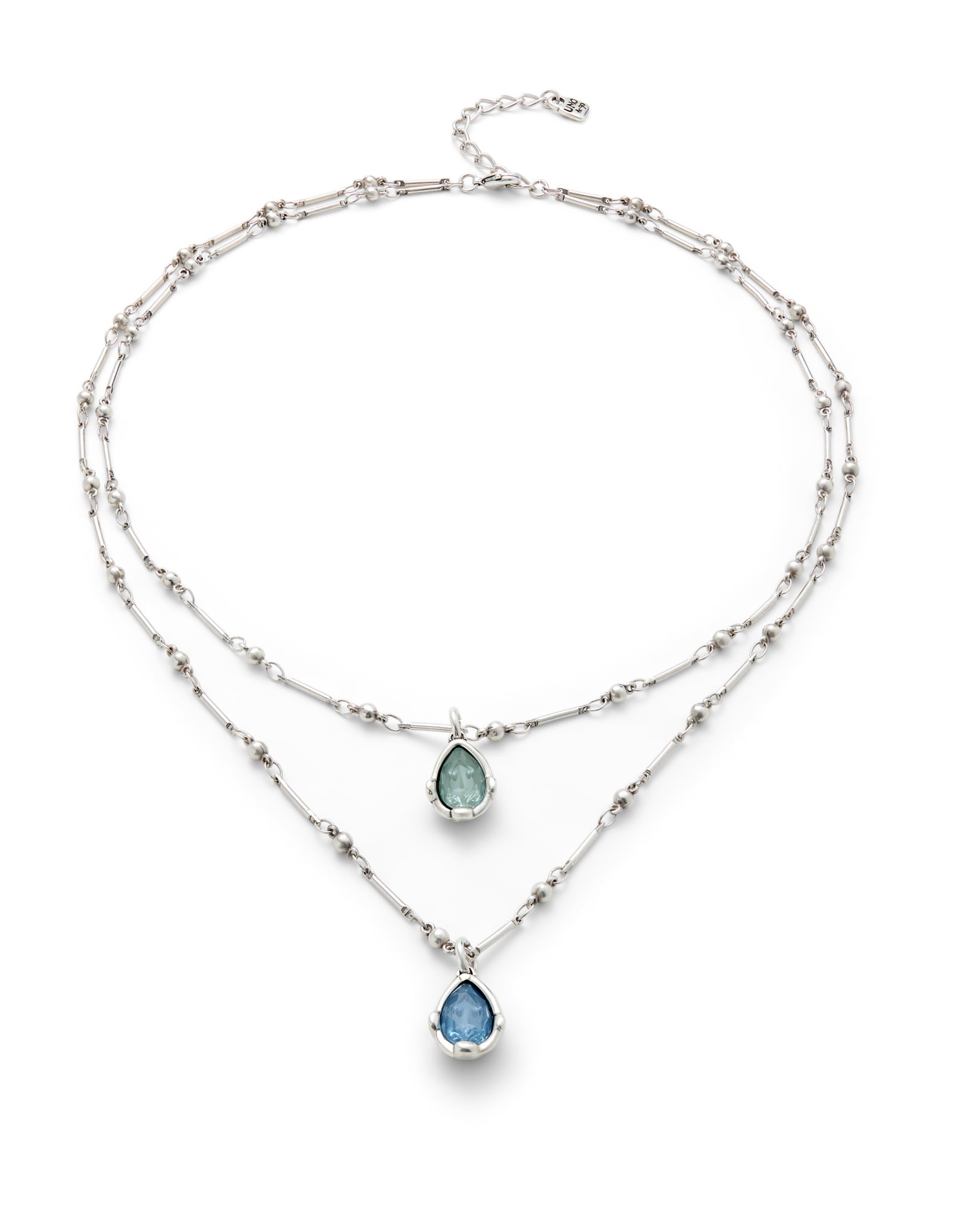 Double necklace with two blue drop-shaped faceted crystals