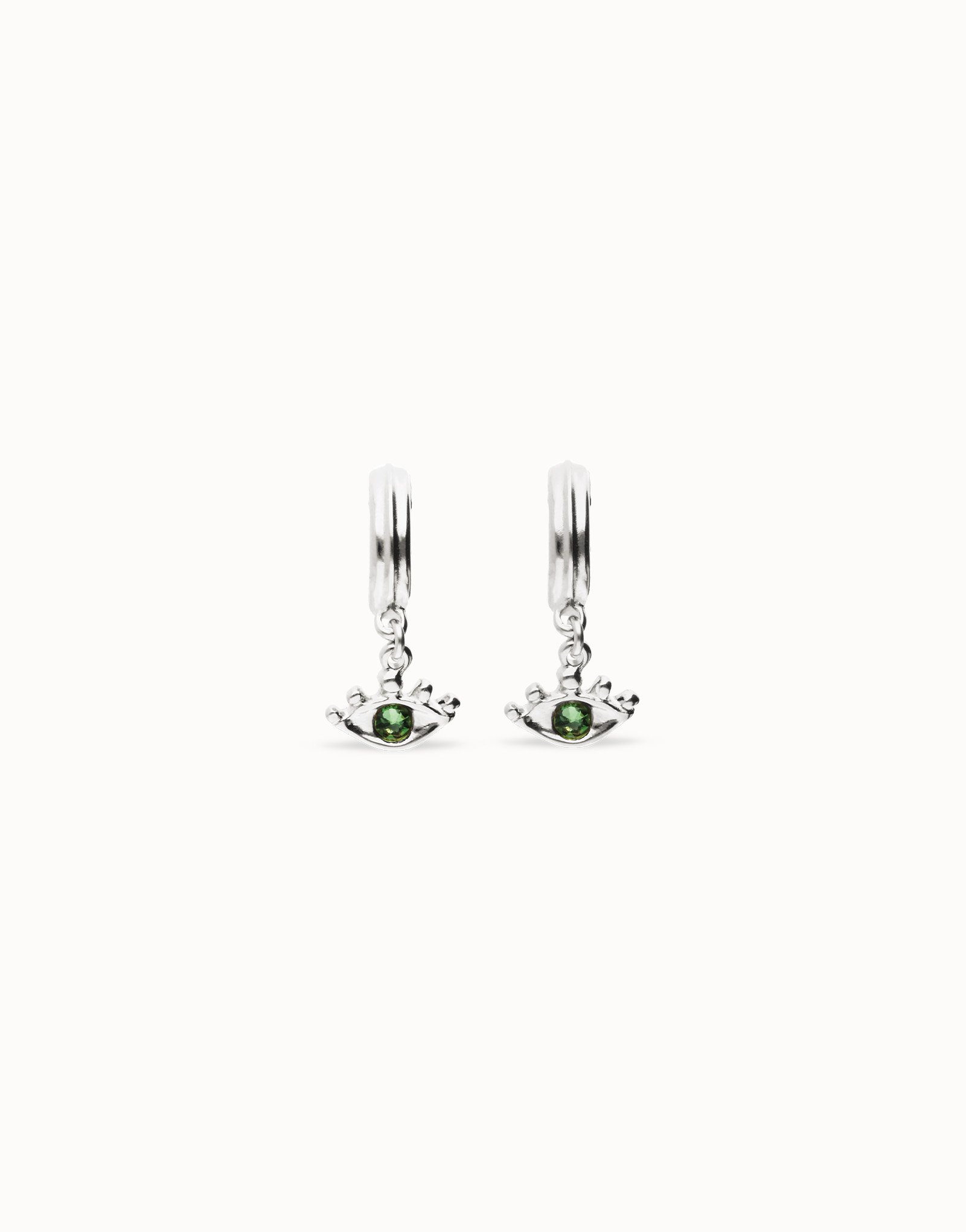 Pendientes de aro bañados en plata de ley con forma ojo y cristal facetado verde, Plateado, large thumbnail