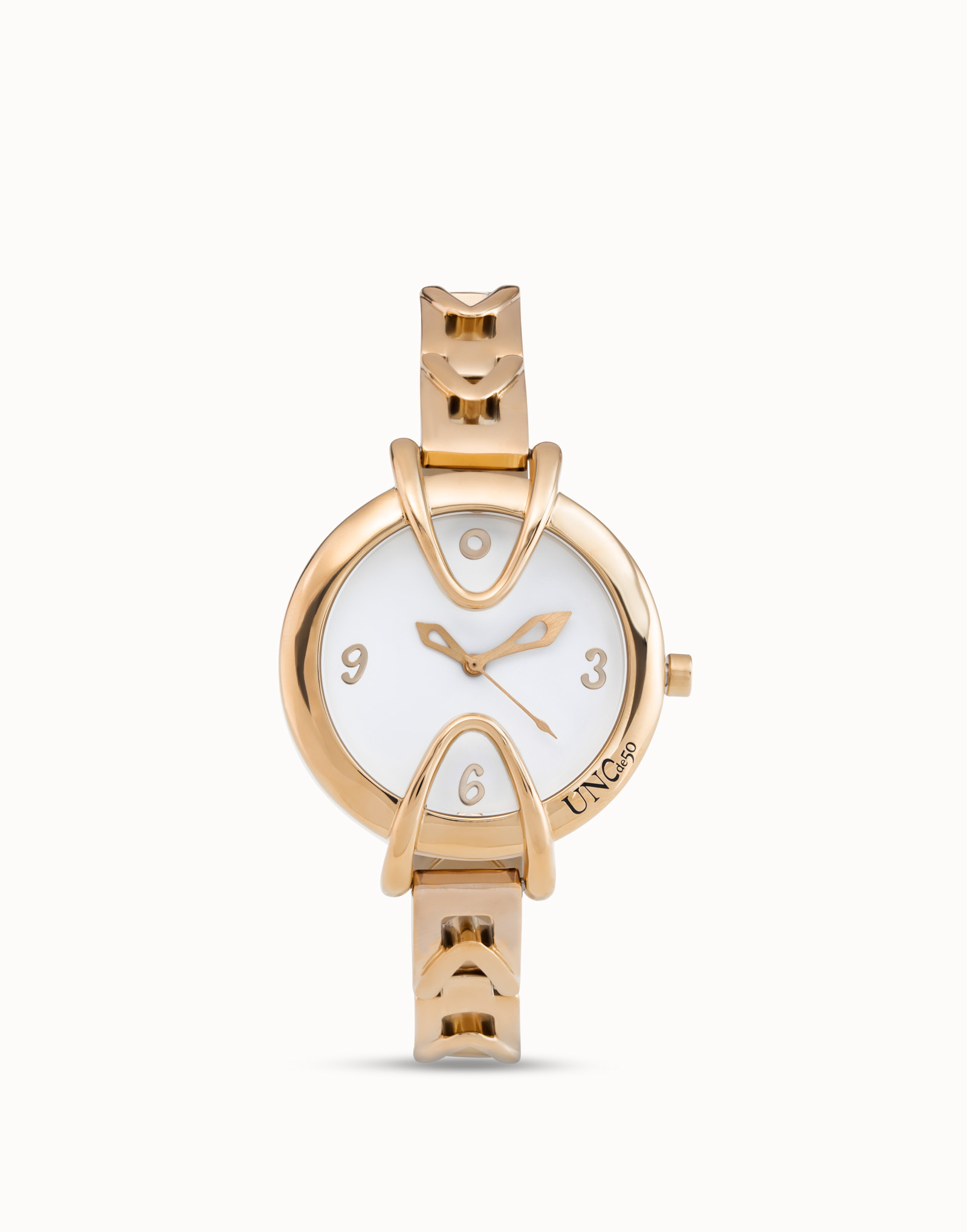 18K gold-plated watch with metal strap and round white dial, Golden, large image number null