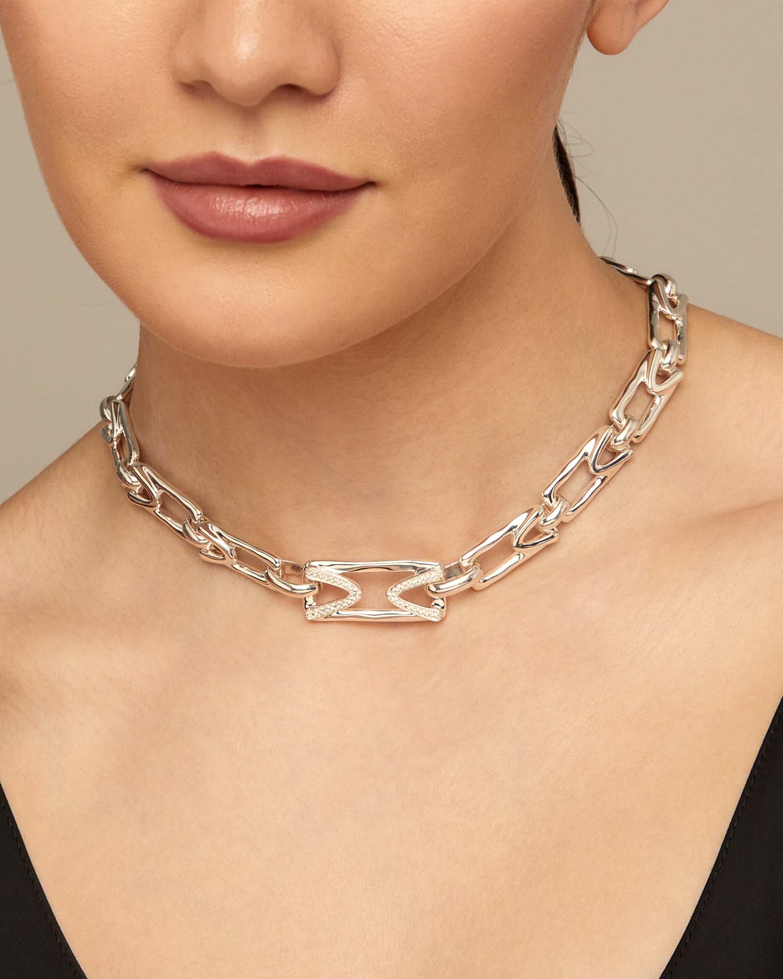 Sterling silver-plated necklace with rectangular links, Silver, large image number null