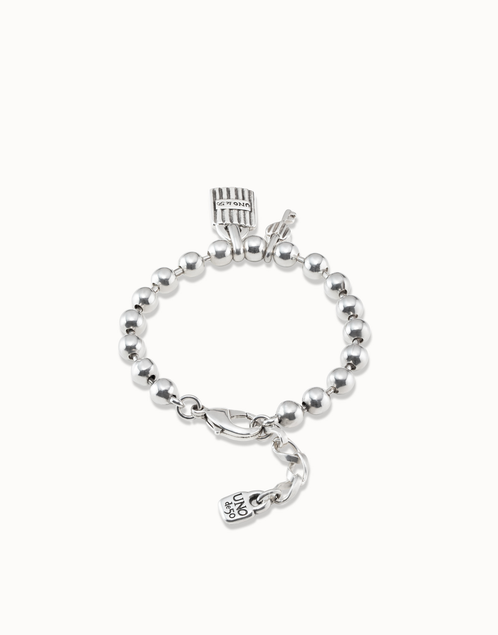 Sterling silver-plated bracelet with leather straps and padlock and key charms, , large image number null