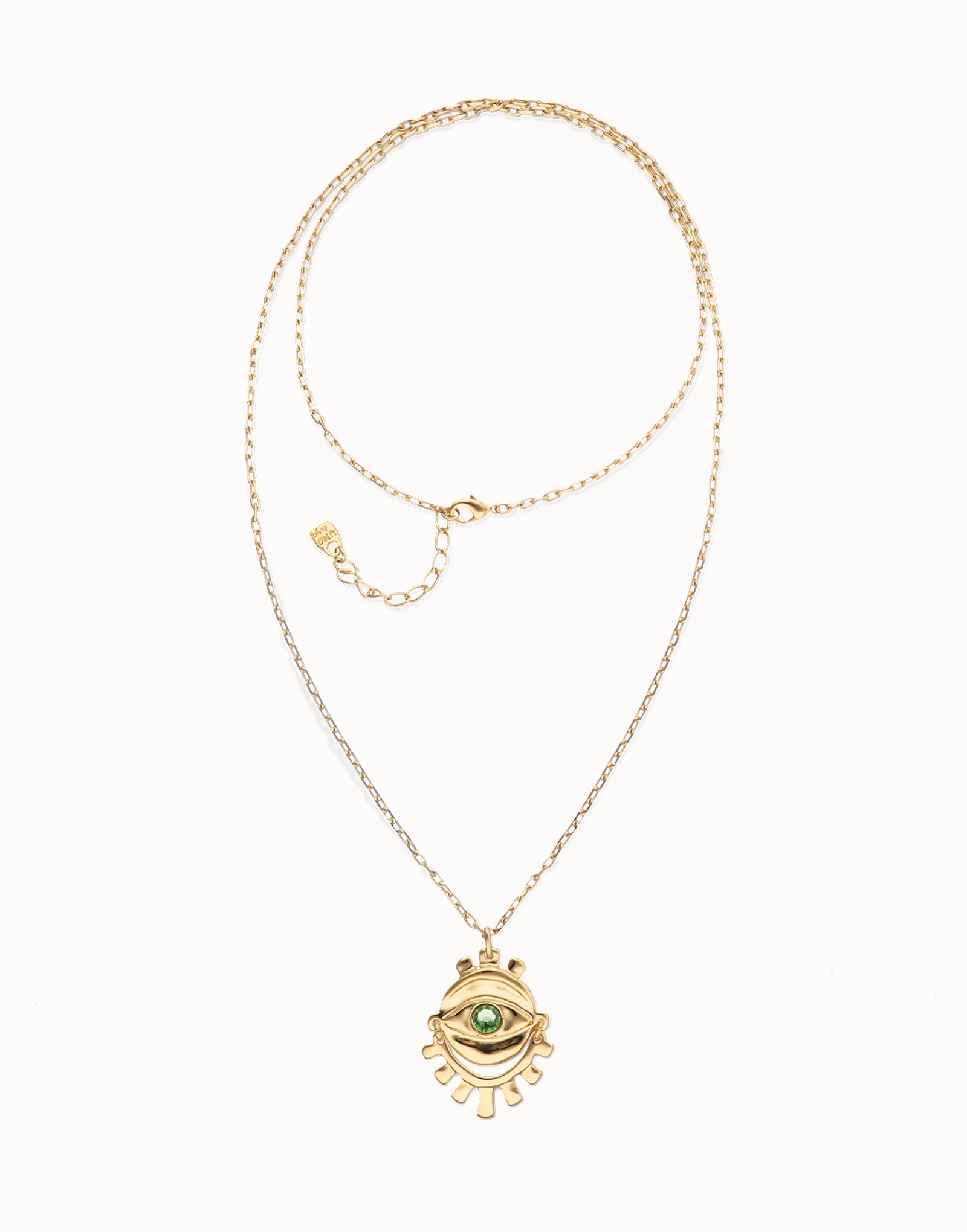 Collar largo bañado en oro 18k con detalle de ojo y cristal facetado verde, Dorado, large thumbnail