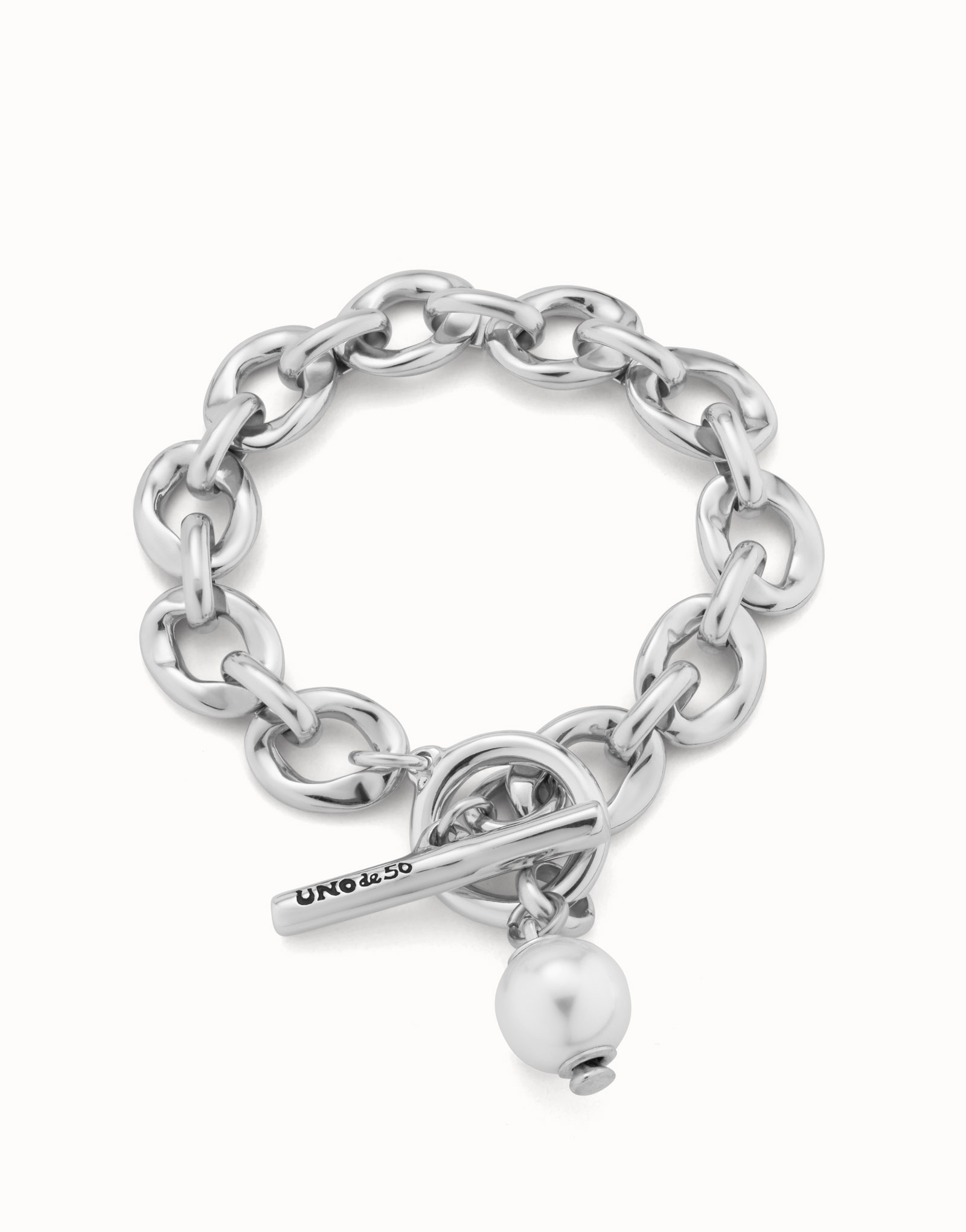 Bracciale placcato argento Sterling con maglie e charm a perla, Argent, large image number null