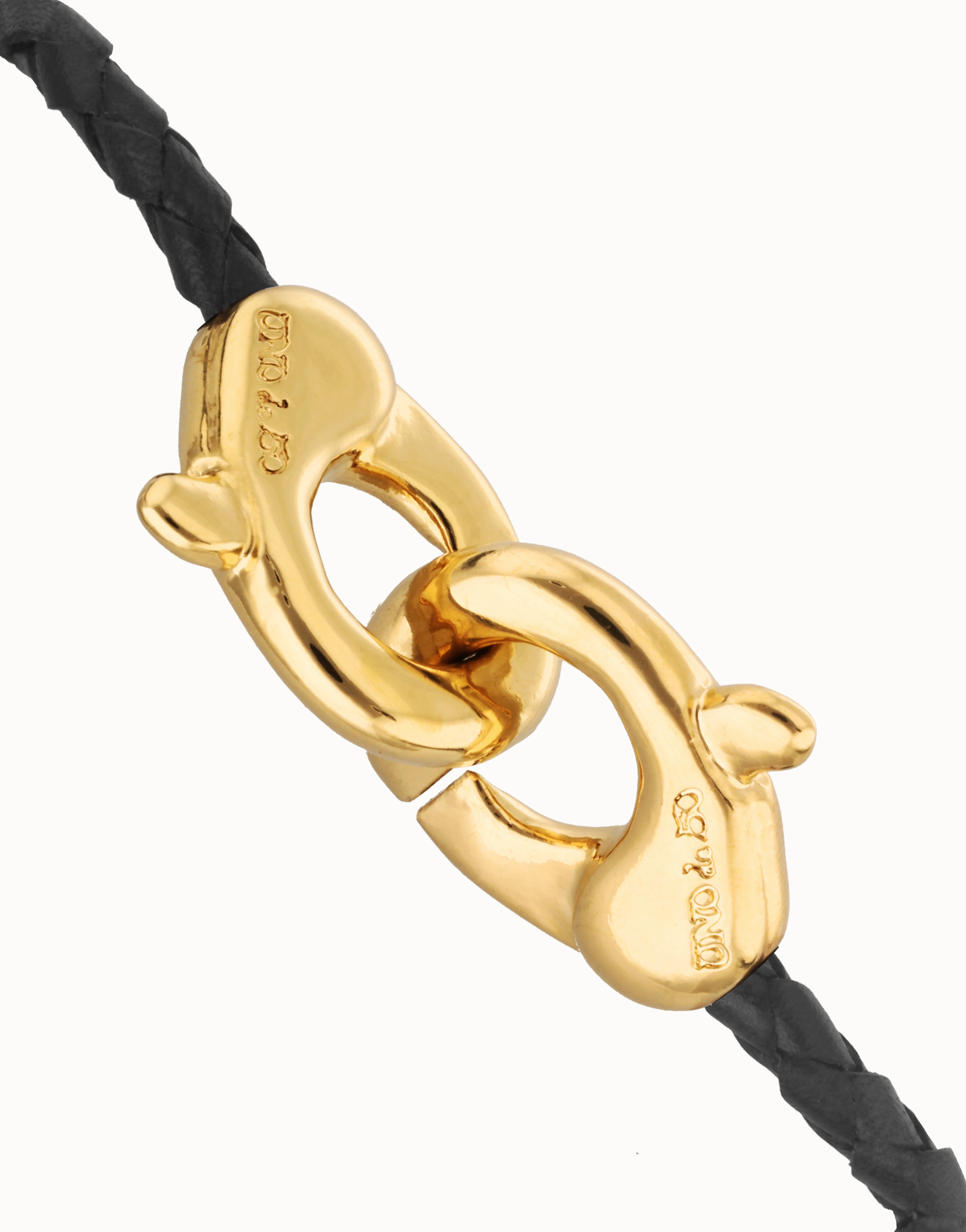 Pulsera de cuero negro con mosquetón entrelazado, Dorado, large thumbnail
