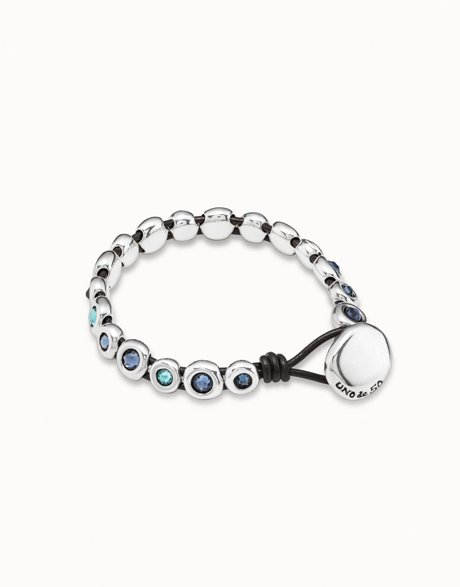 Brown leather sterling silver-plated bracelet with blue crystals, , large image number null