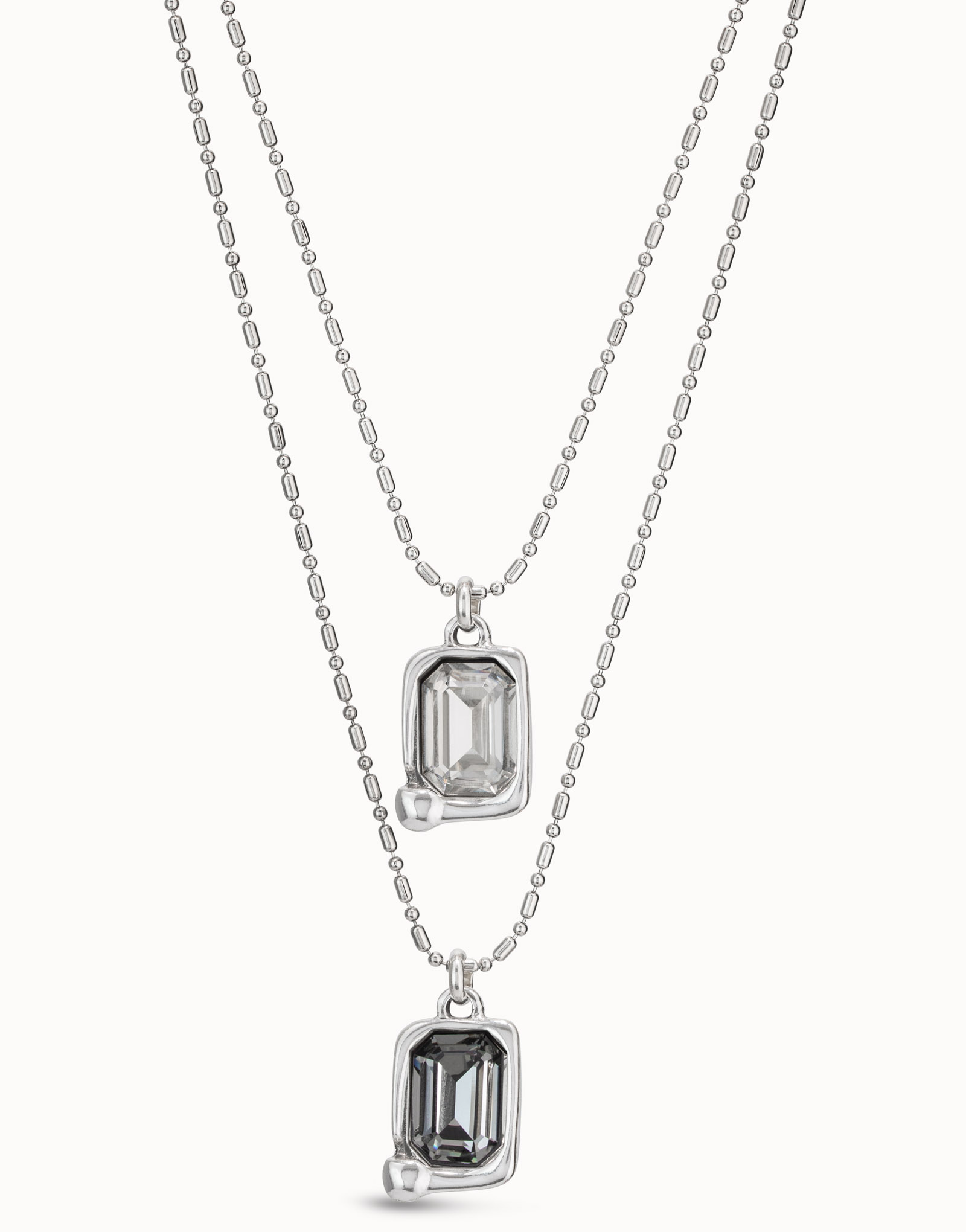 Collier plaqué argent 2 chaînes fines et 2 charmes centraux avec cristal gris clair et gris verdâtre, Argent, large image number null