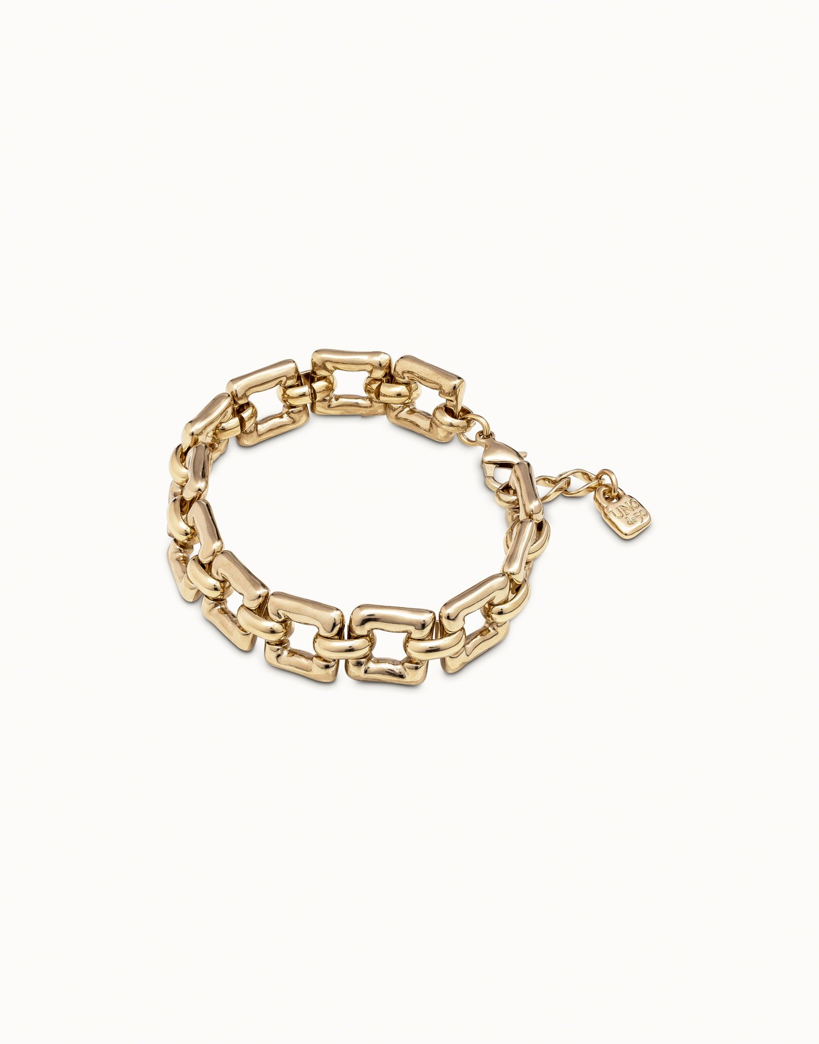 18K gold-plated bracelet with small square links and carabiner clasp, Golden, large image number null