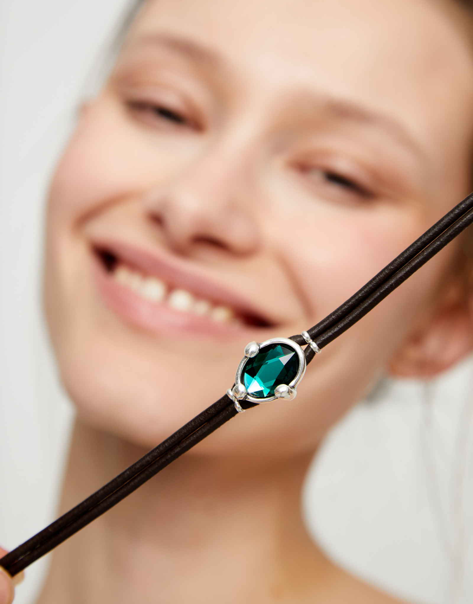 Leather bracelet with green oval faceted crystal, Silver, large thumbnail