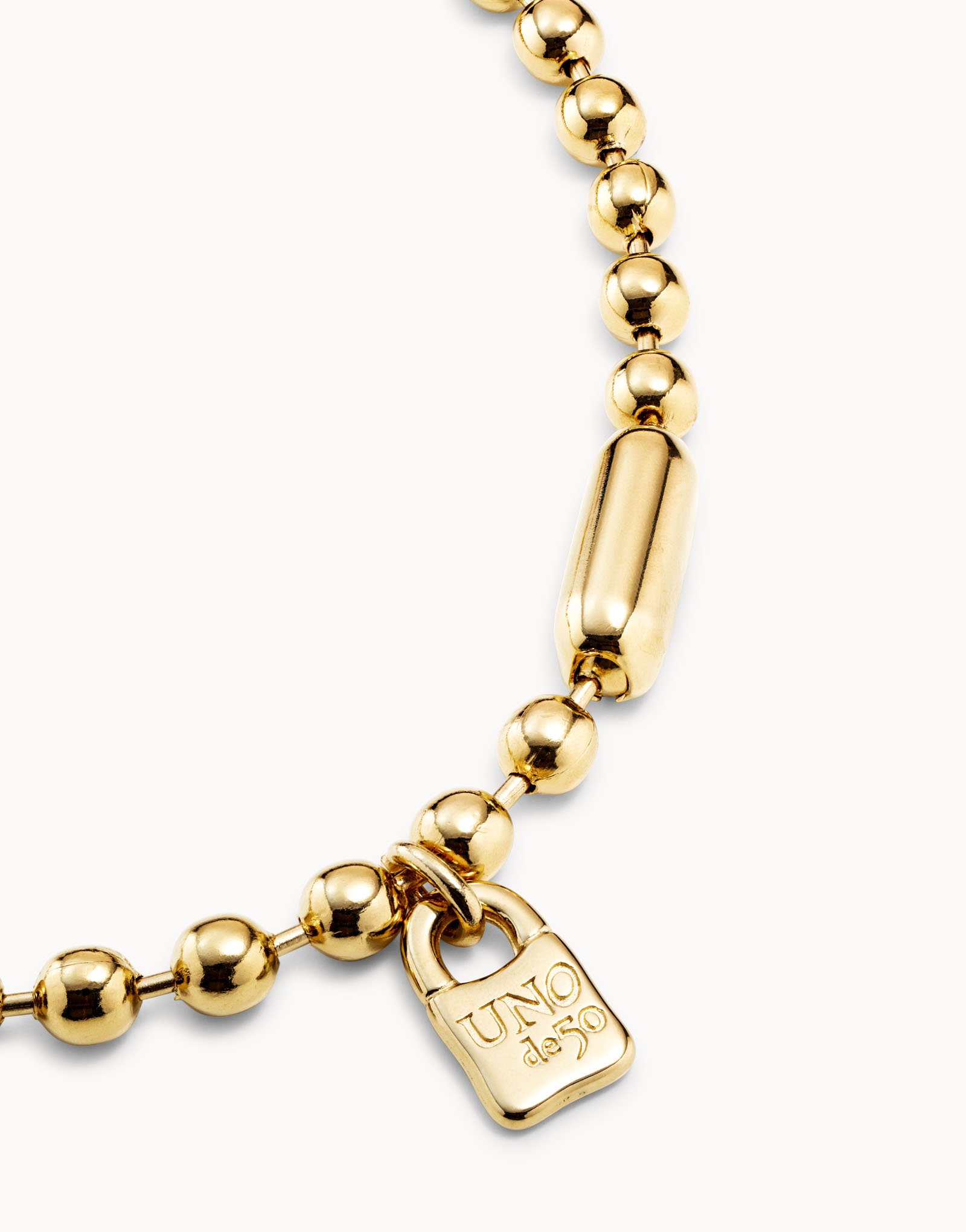 18K gold-plated necklace with large spherical beads and snap lock clasp, Golden, large image number null