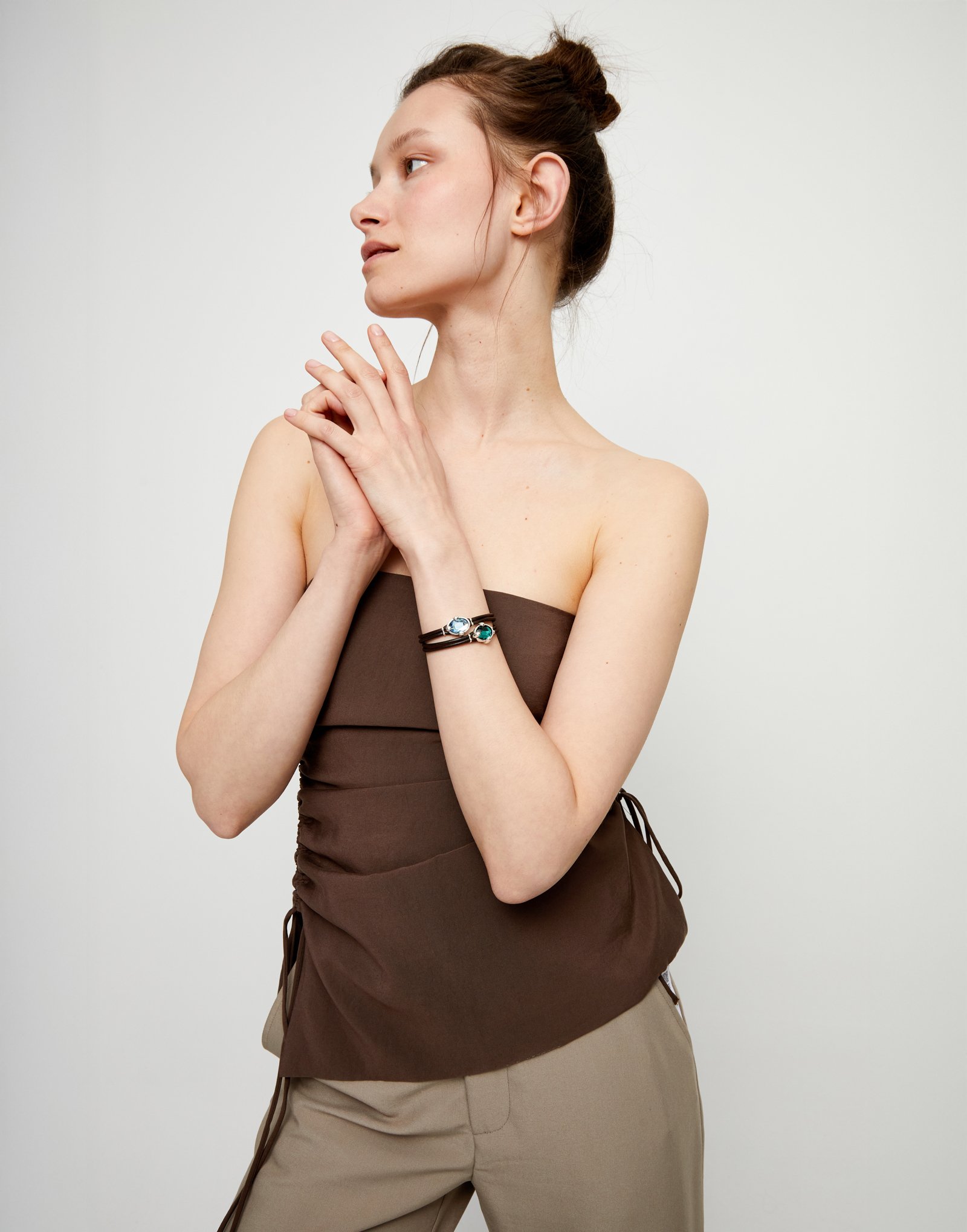 Leather bracelet with blue oval faceted crystal, Silver, large thumbnail