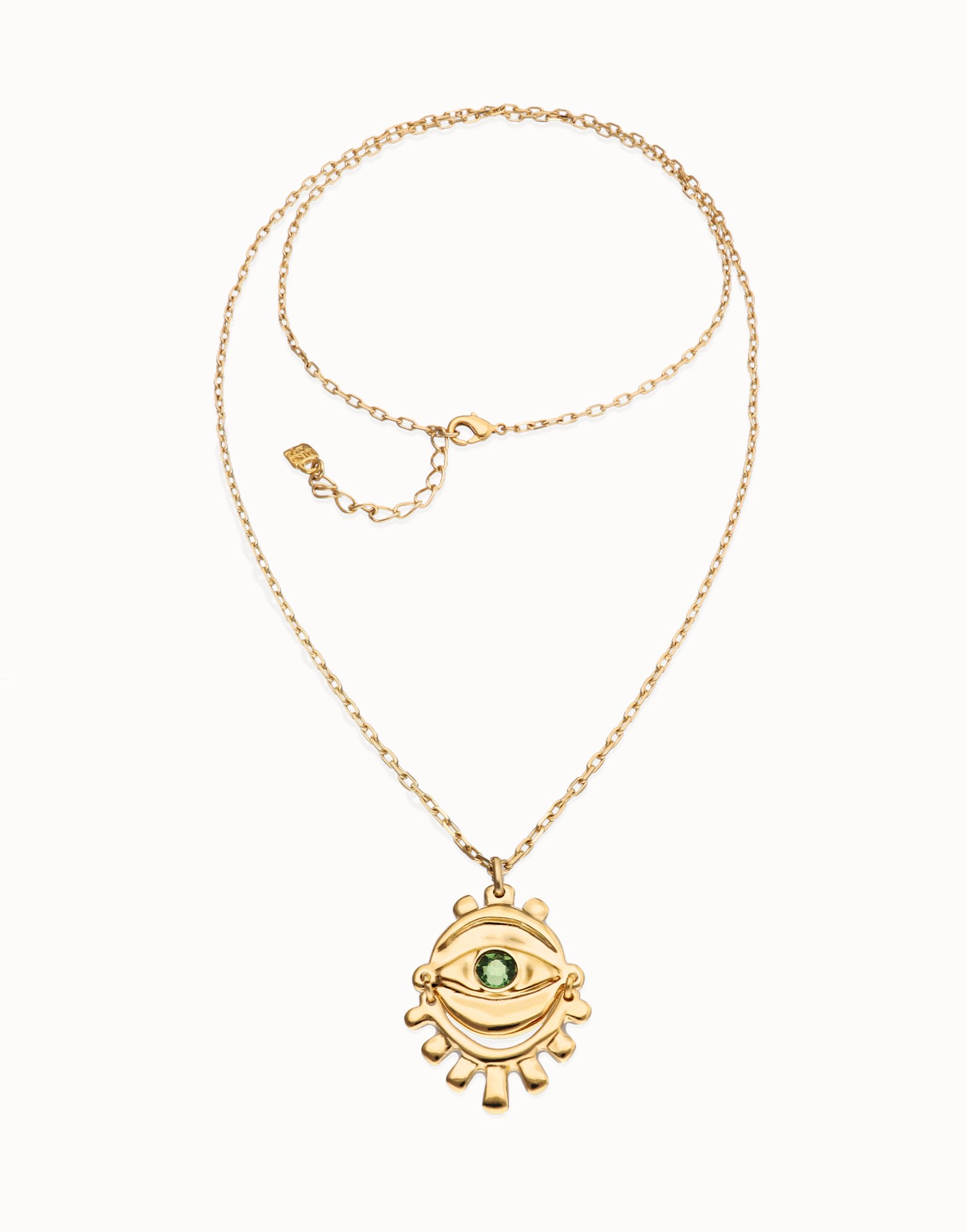 Collar largo bañado en oro 18k con detalle de ojo y cristal facetado verde, Dorado, large thumbnail