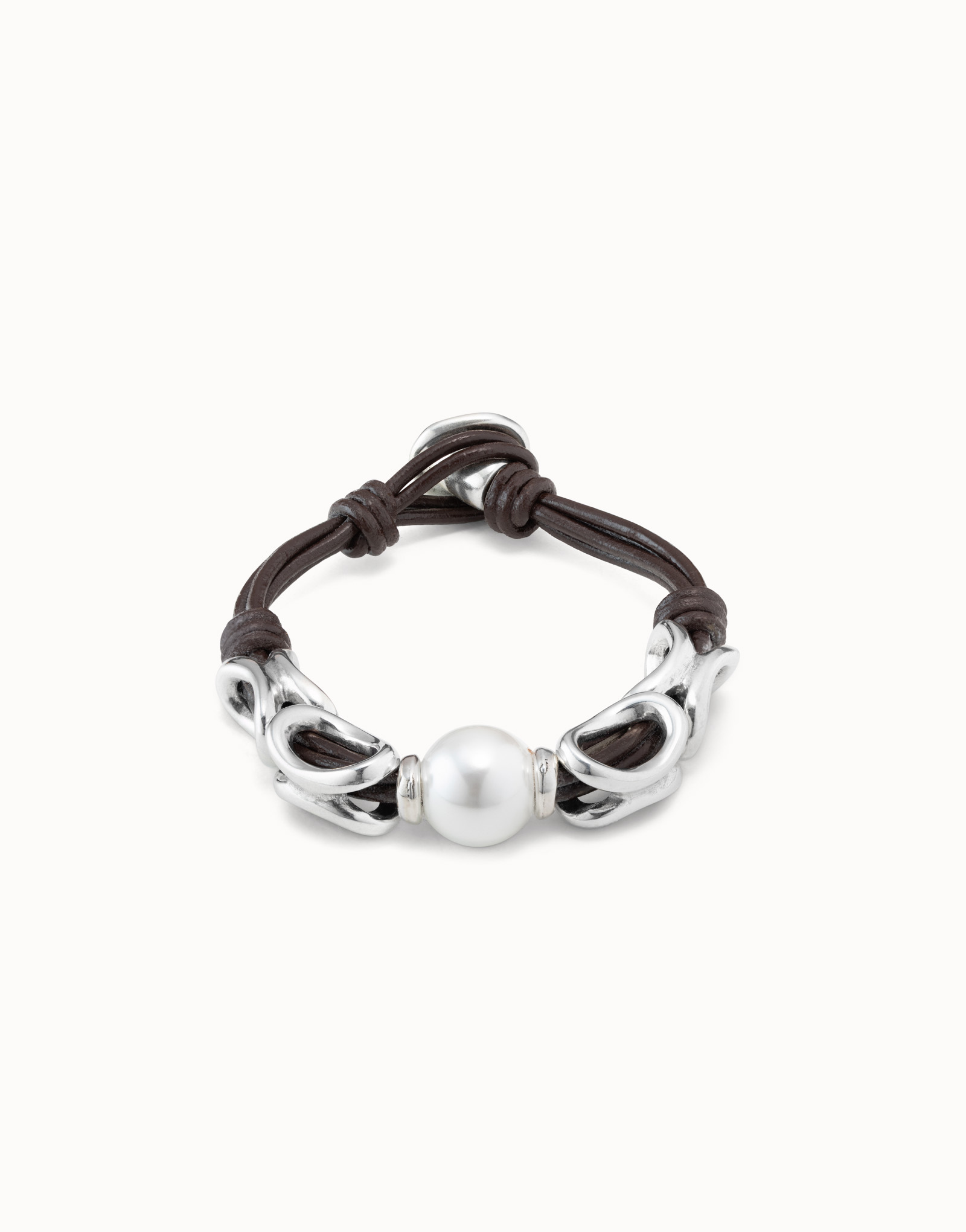 Brown leather bracelet with oval silver links, central pearl and button clasp, , large image number null