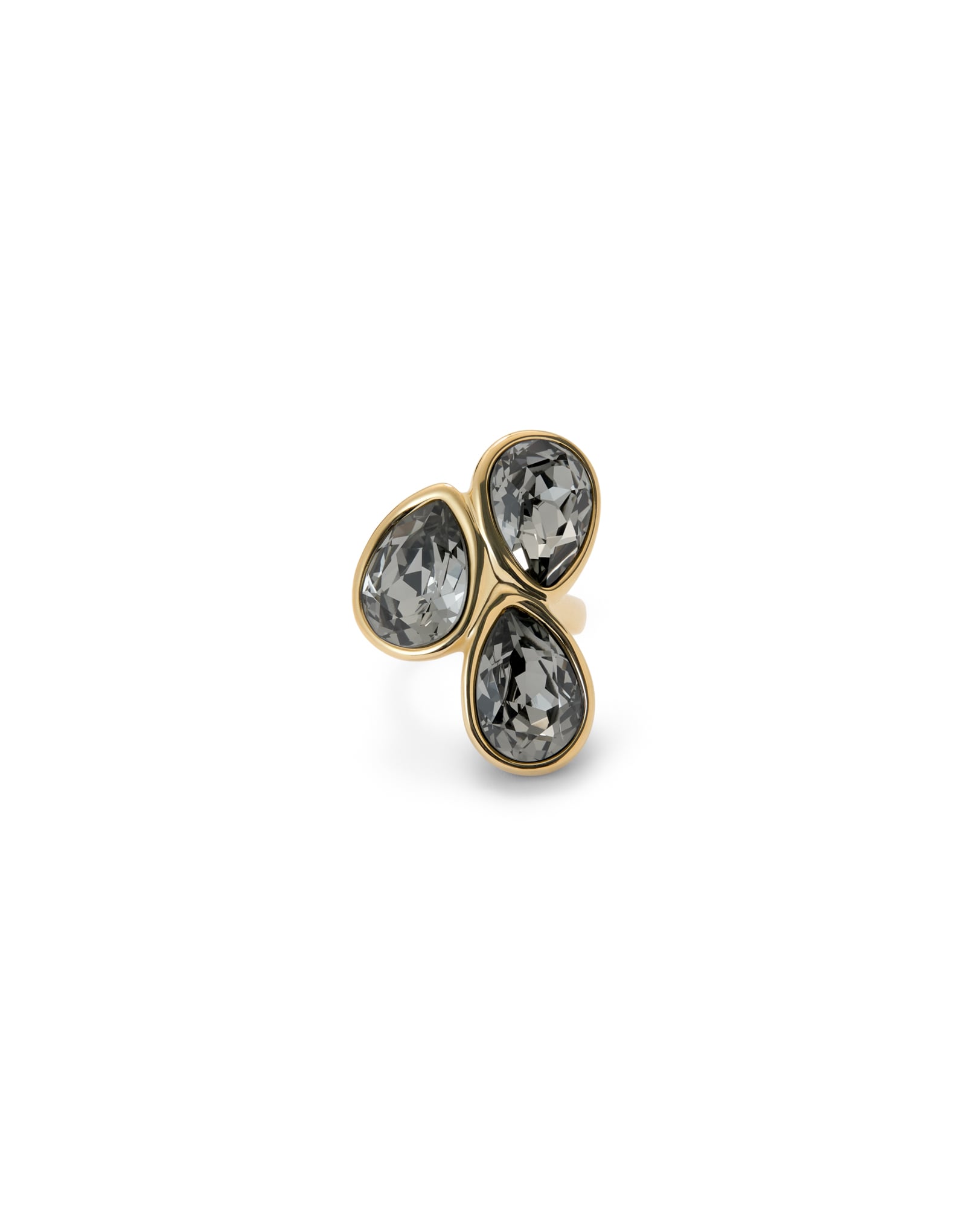 Ring with three grey drop-shaped faceted crystals