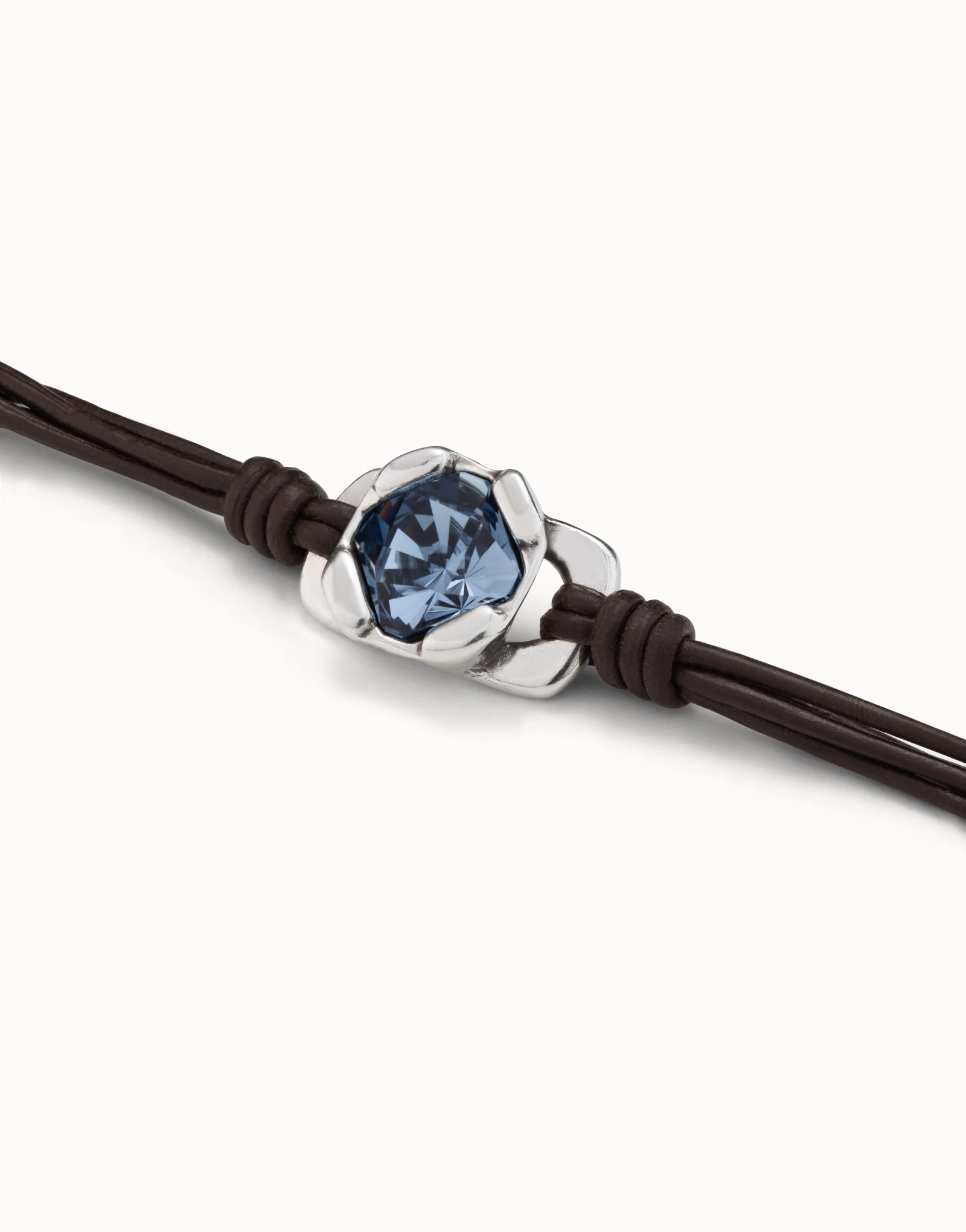 Leather bracelet with sterling silver-plated central piece, blue crystal and button clasp, Silver, large image number null