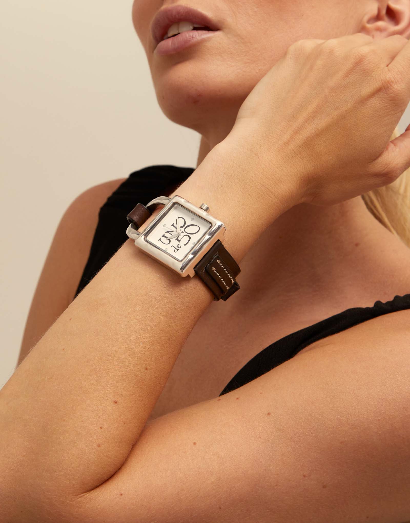 Sterling silver-plated leather and metal watch for women, Silver, large image number null