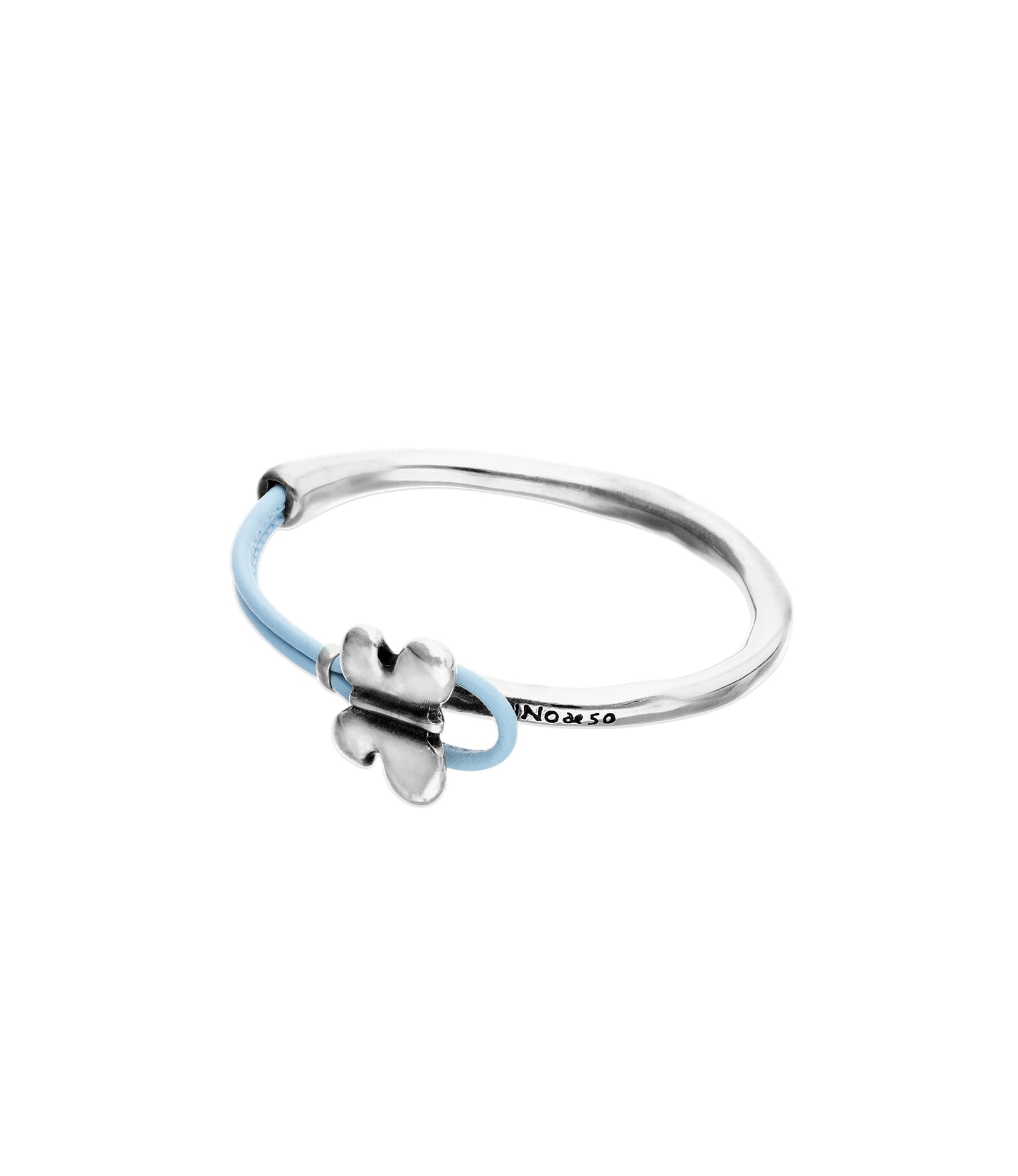 Pulsera combinada en cuero azul y plata de ley con adorno de mariposa