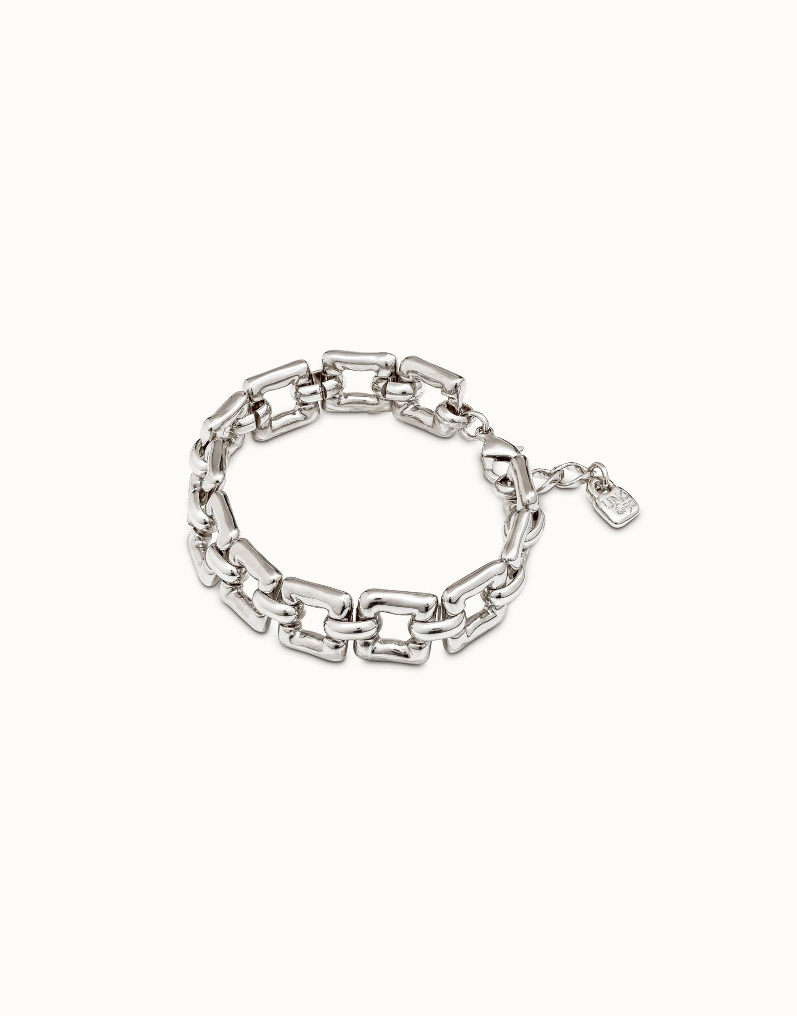 Silver-plated bracelet with small square links and carabiner clasp, Silver, large image number null