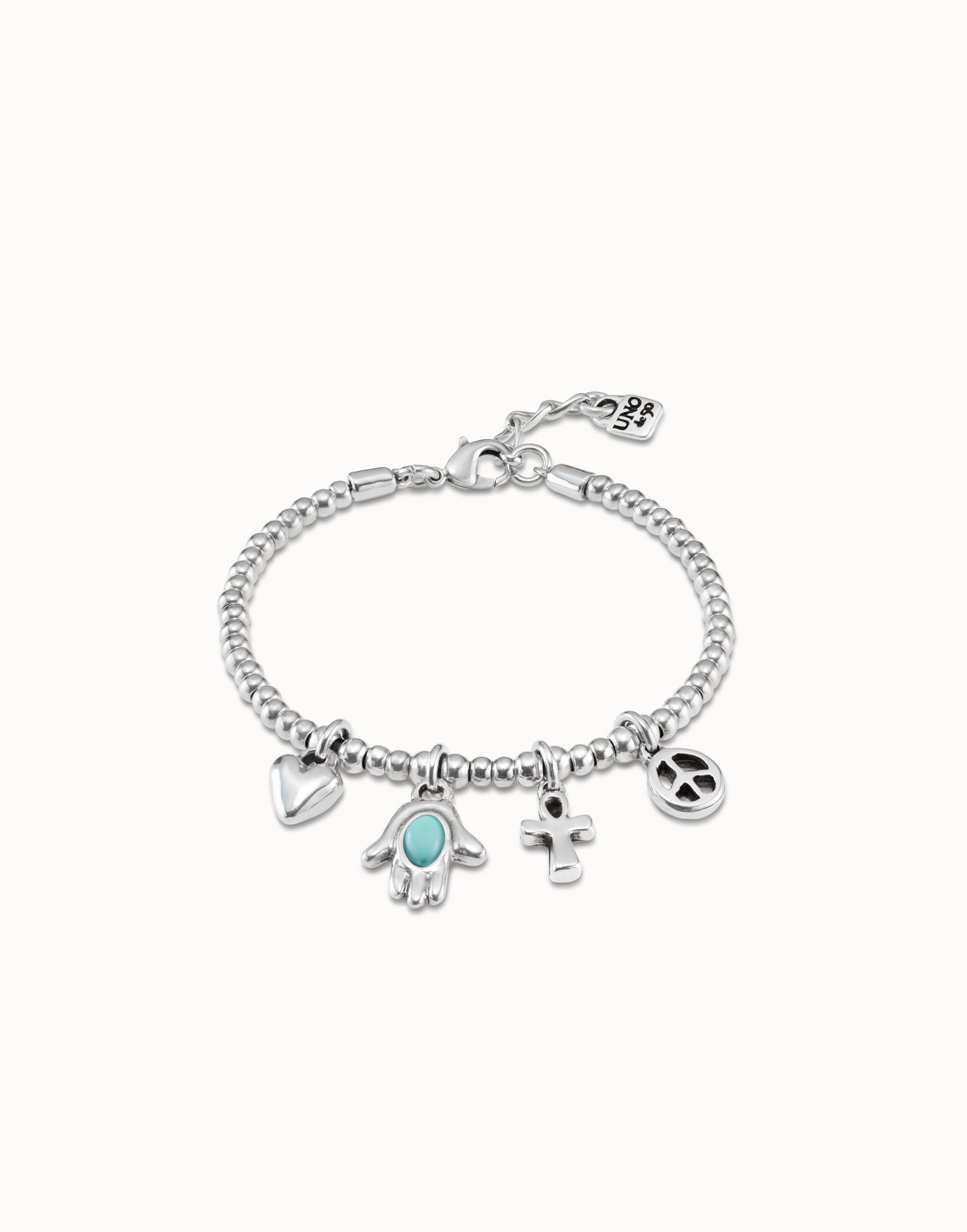 Sterling silver-plated bracelet with bead chain, 4 charms and carabiner clasp, , large image number null