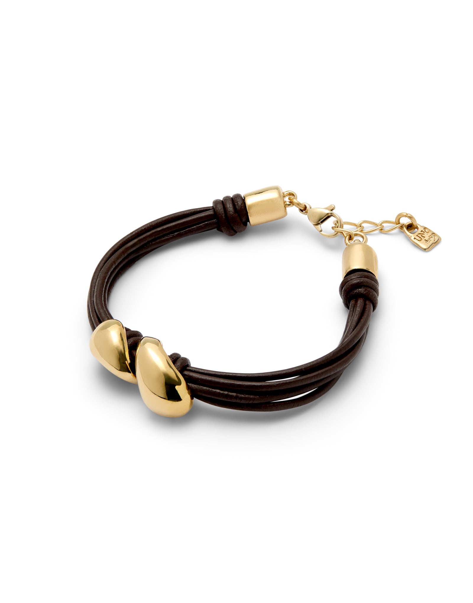 Pulsera en cuero con dos gotas ba&ntilde;adas en oro