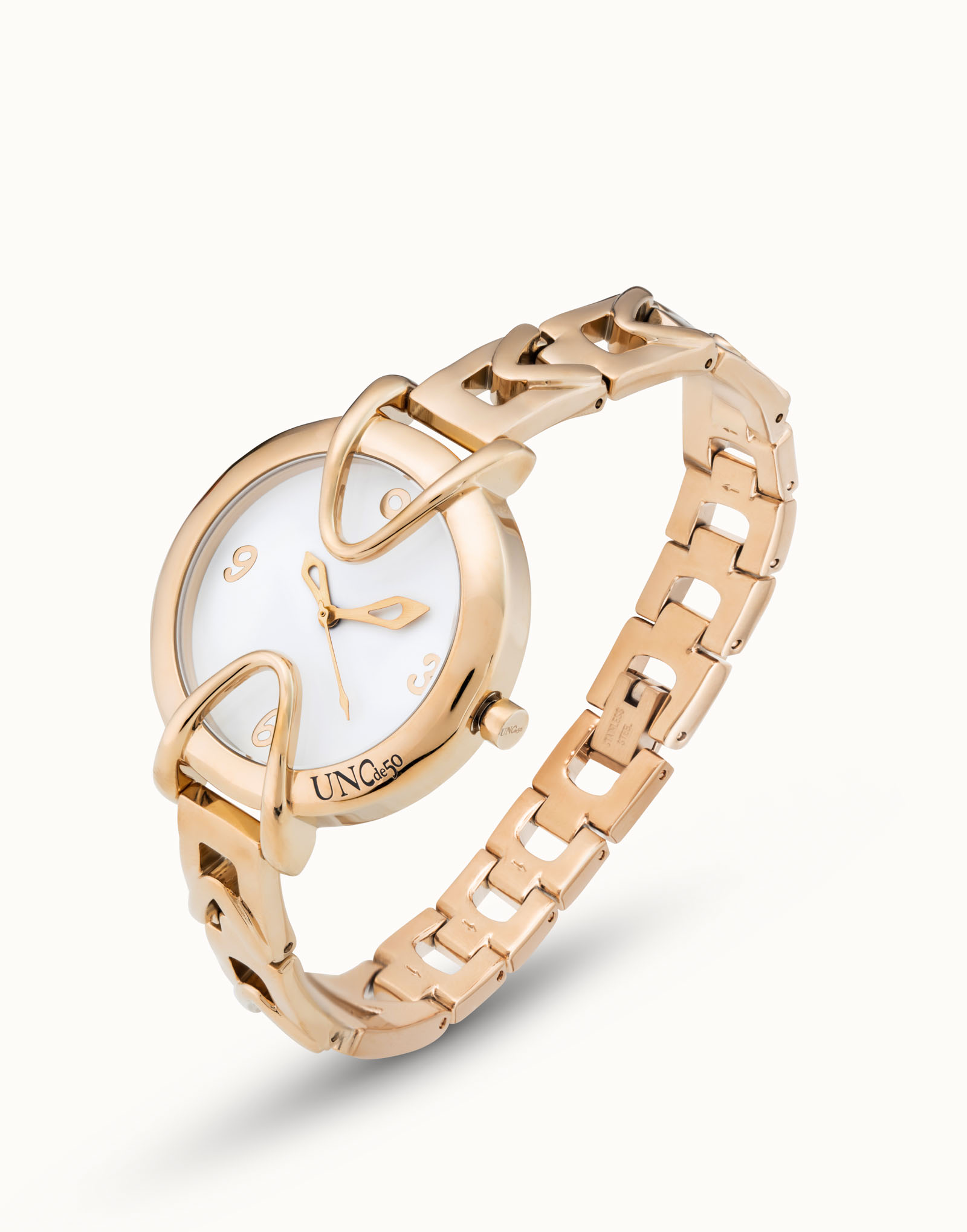 18K gold-plated watch with metal strap and round white dial, Golden, large image number null