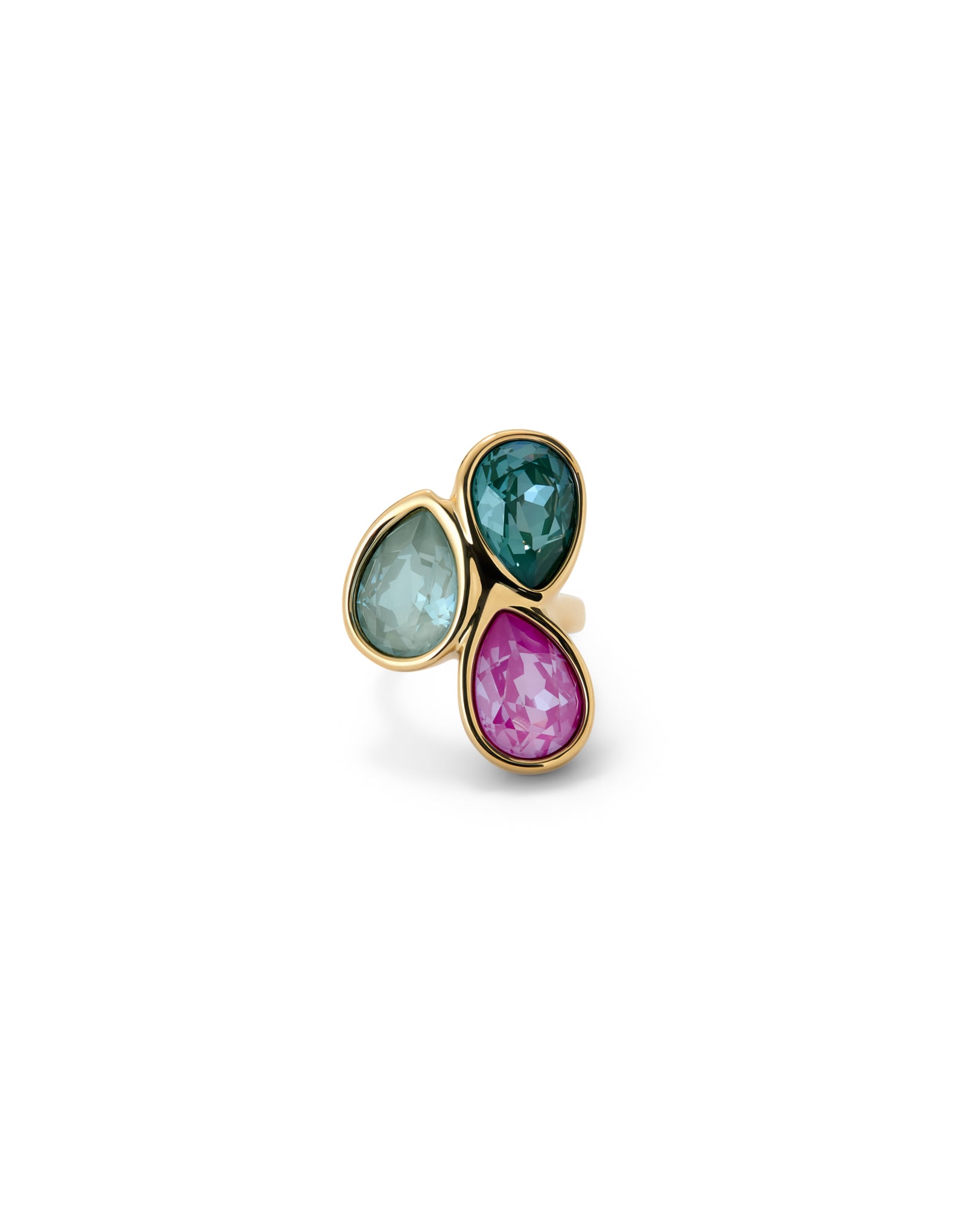 Ring with three multicoloured drop-shaped faceted crystals