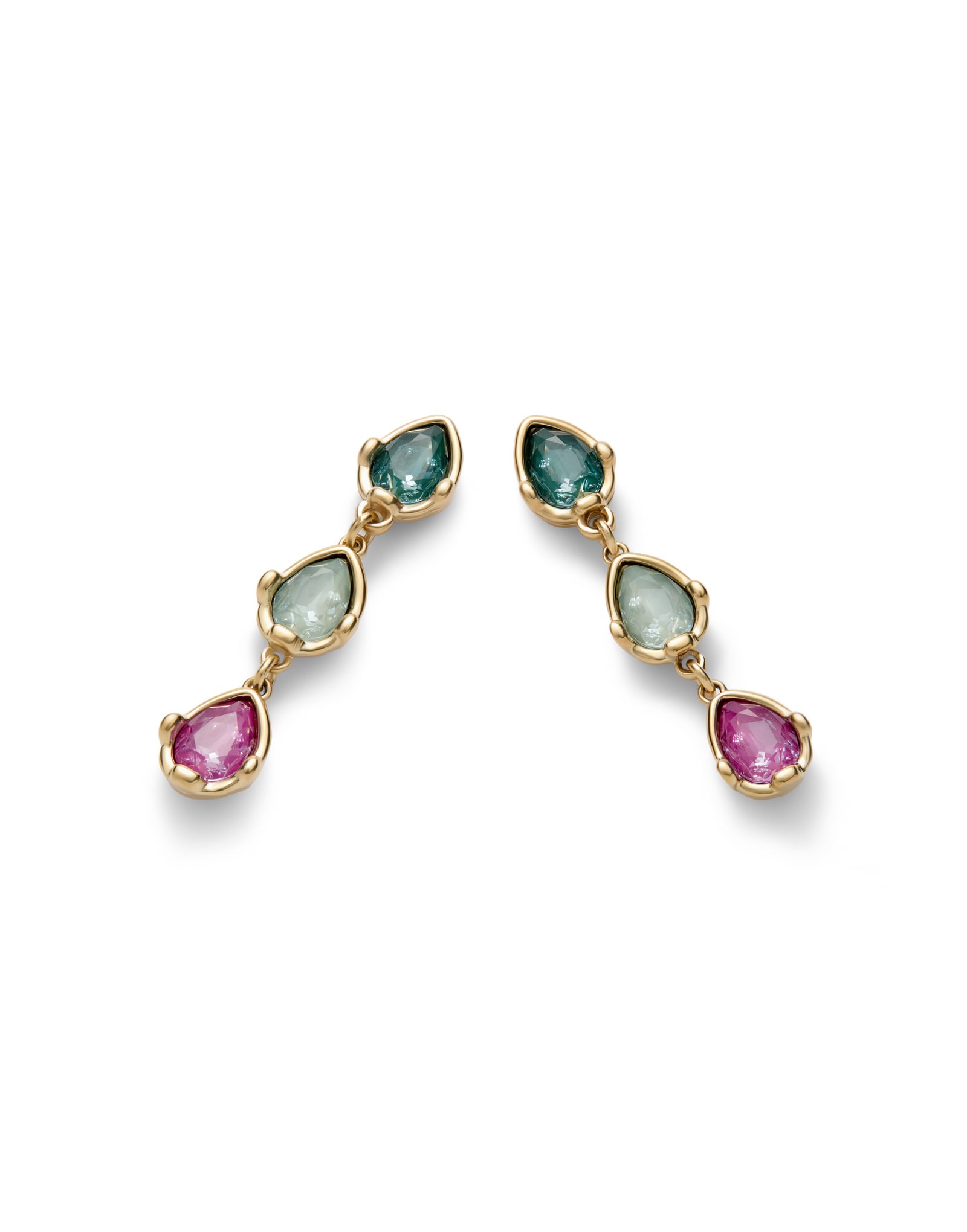 Long earrings with three multicoloured drop-shaped faceted crystals