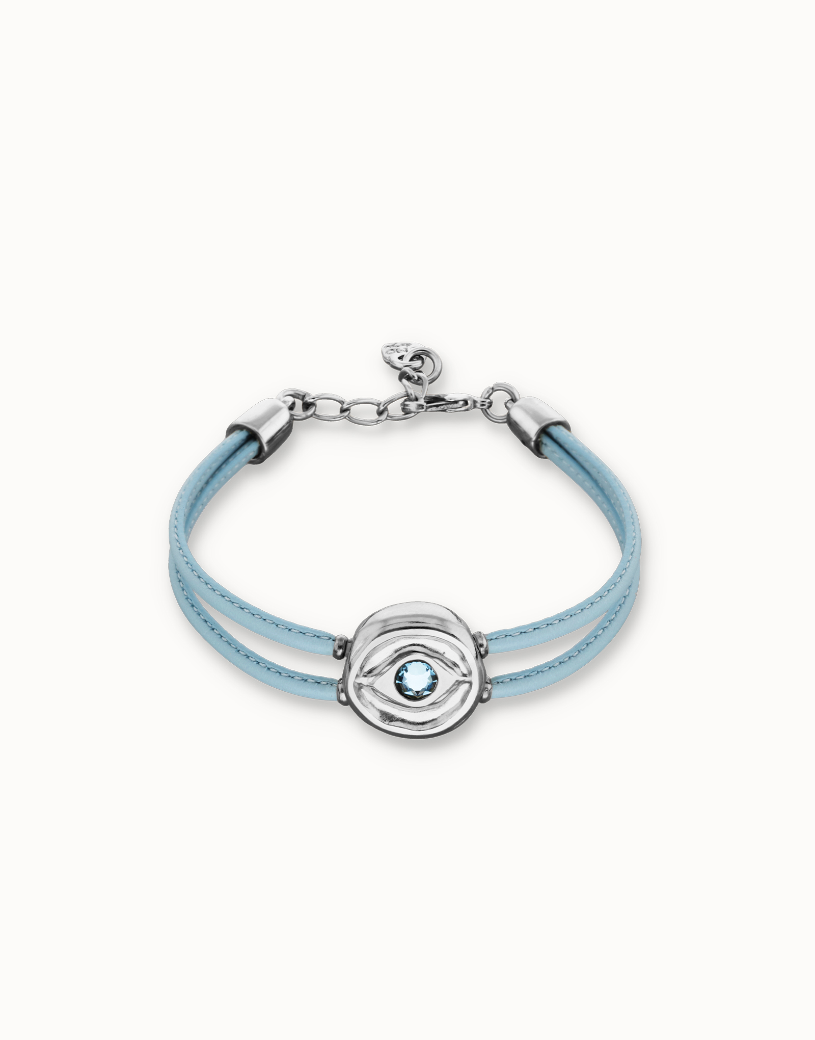 Pulsera doble de cuero celeste con ojo bañado en plata de ley, Plateado, large thumbnail