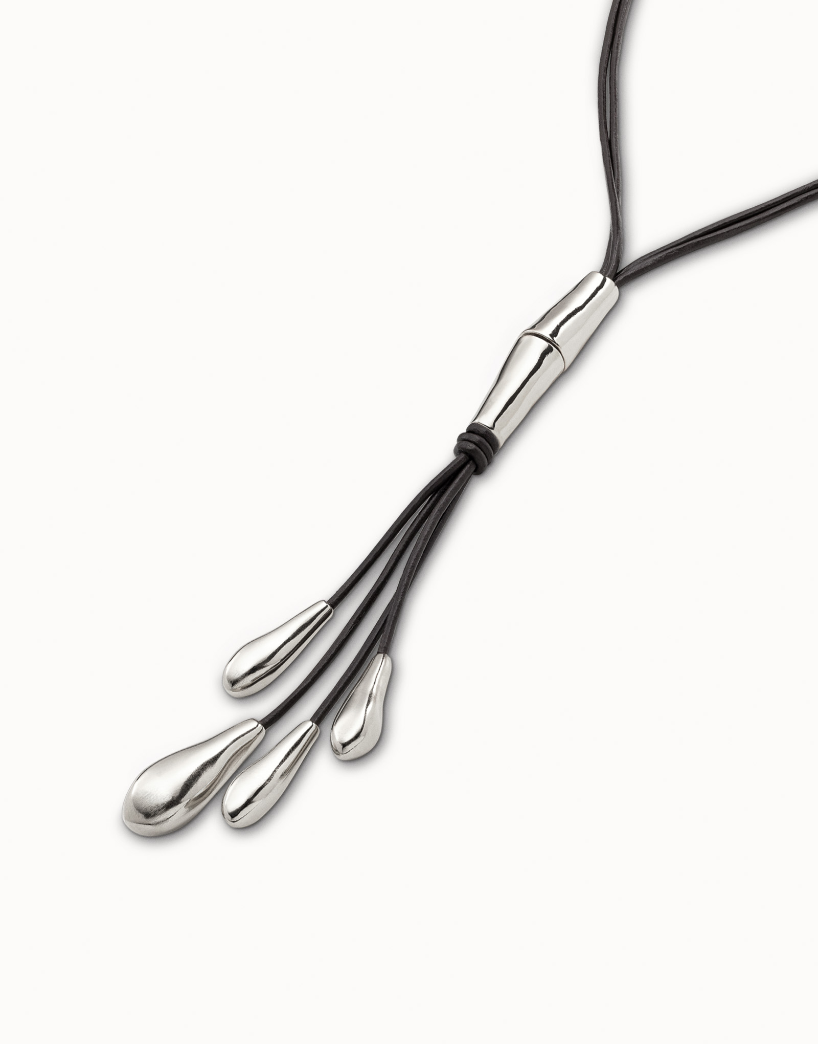 Sterling silver-plated long leather whip necklace with 2 tubules and 4 fringes with drops, Silver, large image number null