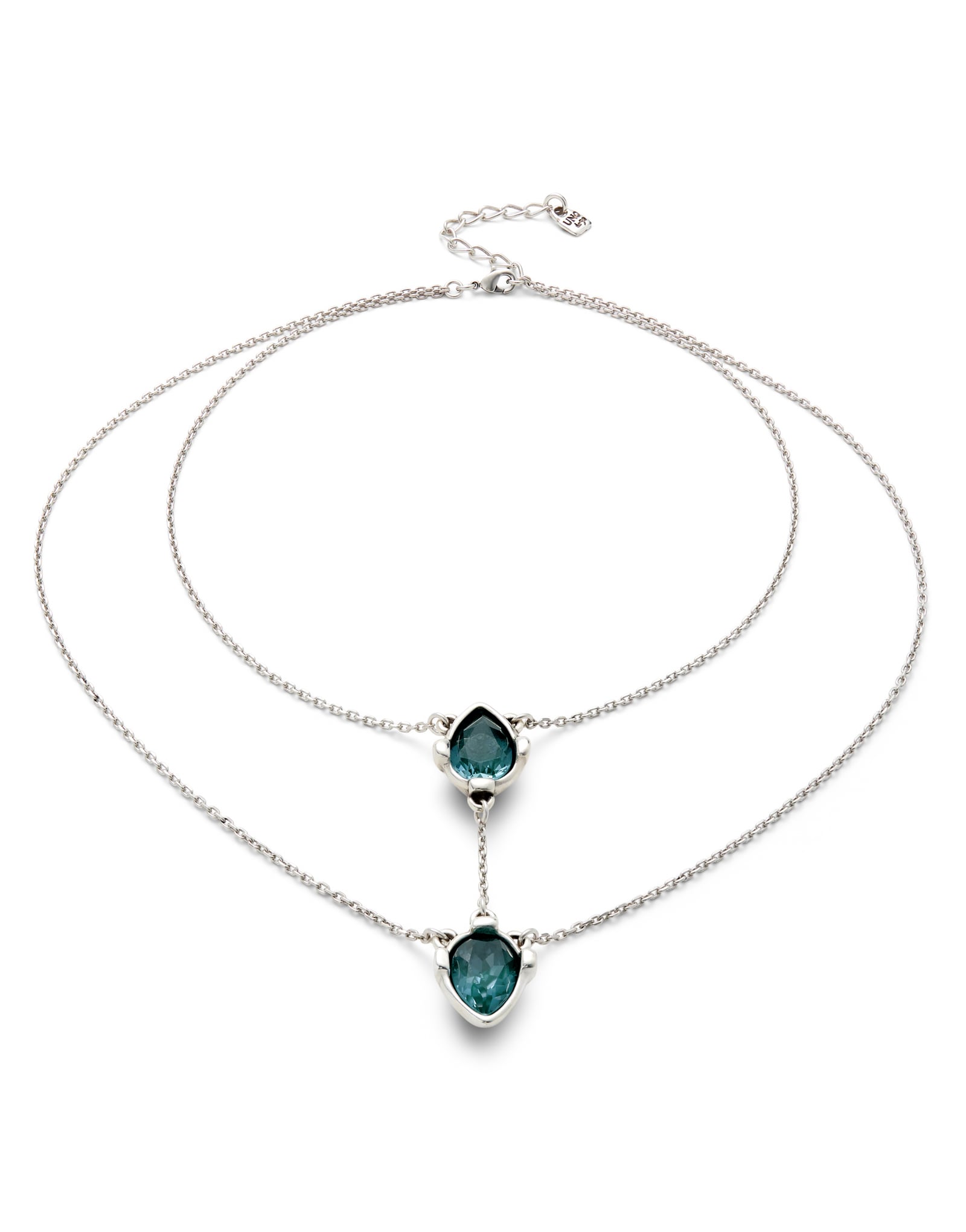 Double necklace with two drop-shaped pendants featuring blue faceted crystals