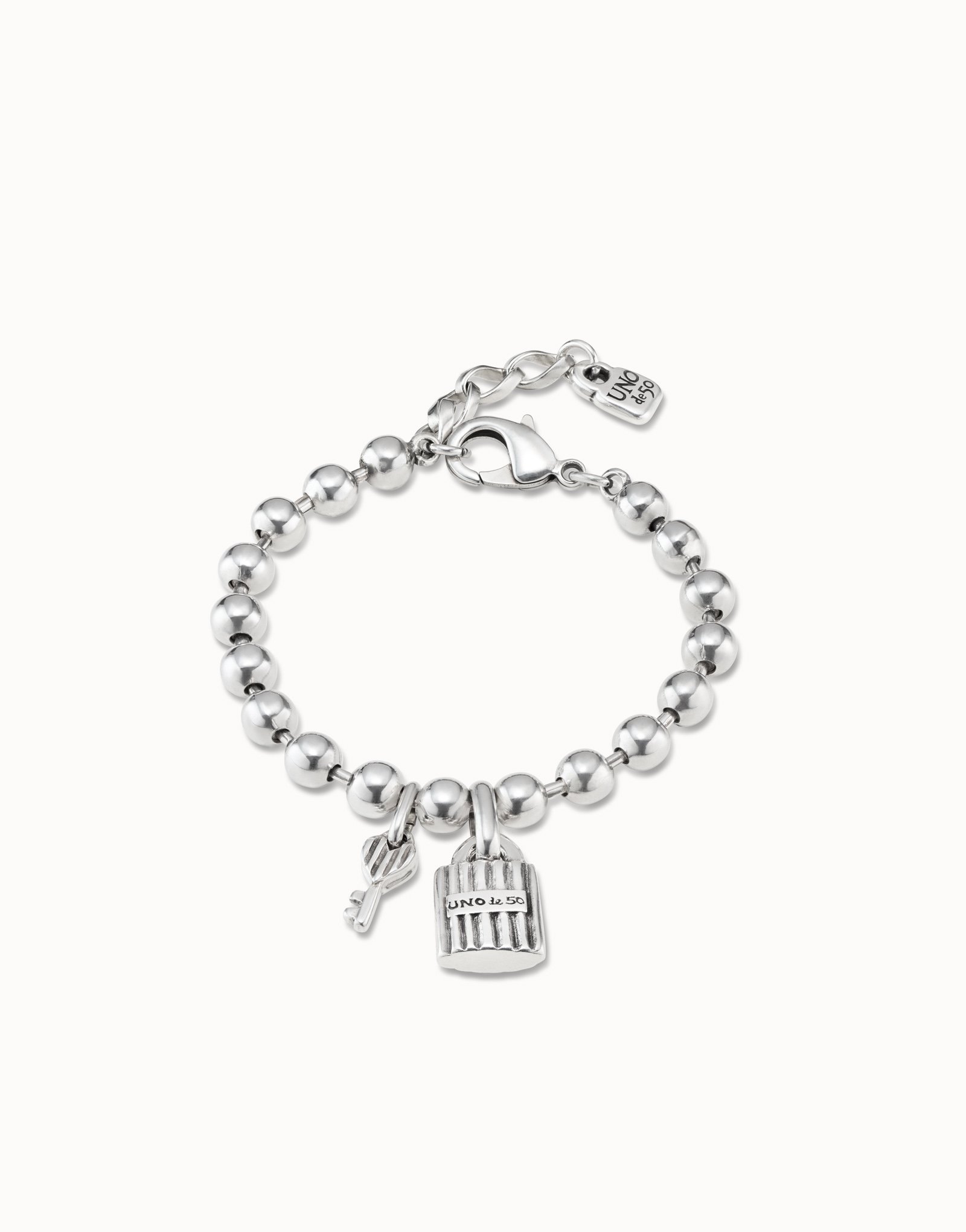 Sterling silver-plated bracelet with leather straps and padlock and key charms, , large image number null