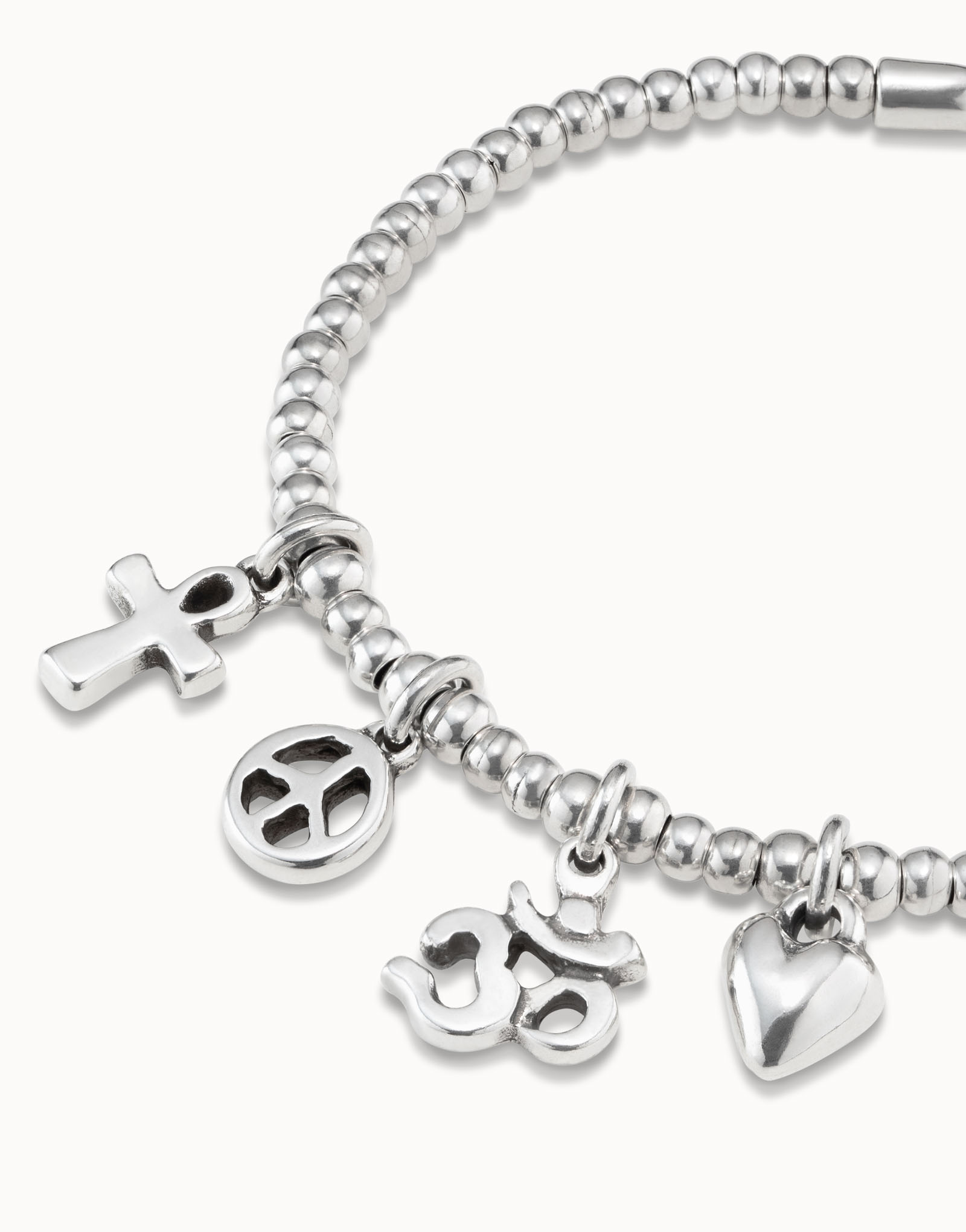 Sterling silver-plated bracelet with bead chain, 4 charms and carabiner clasp, , large image number null