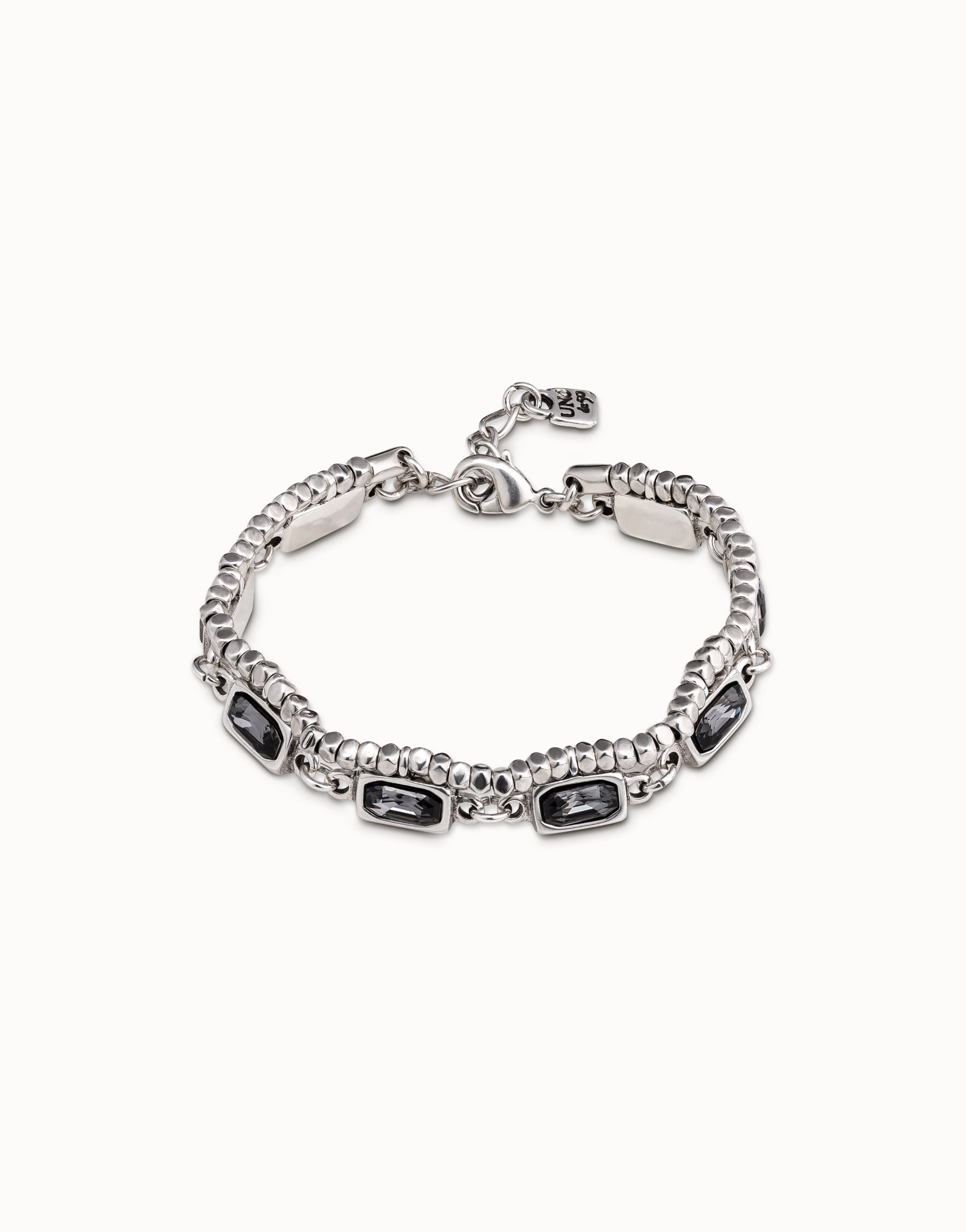 Sterling silver-plated bracelet with lateral strip of small beads, 8 cases with gray crystals and carabiner clasp, , large image number null