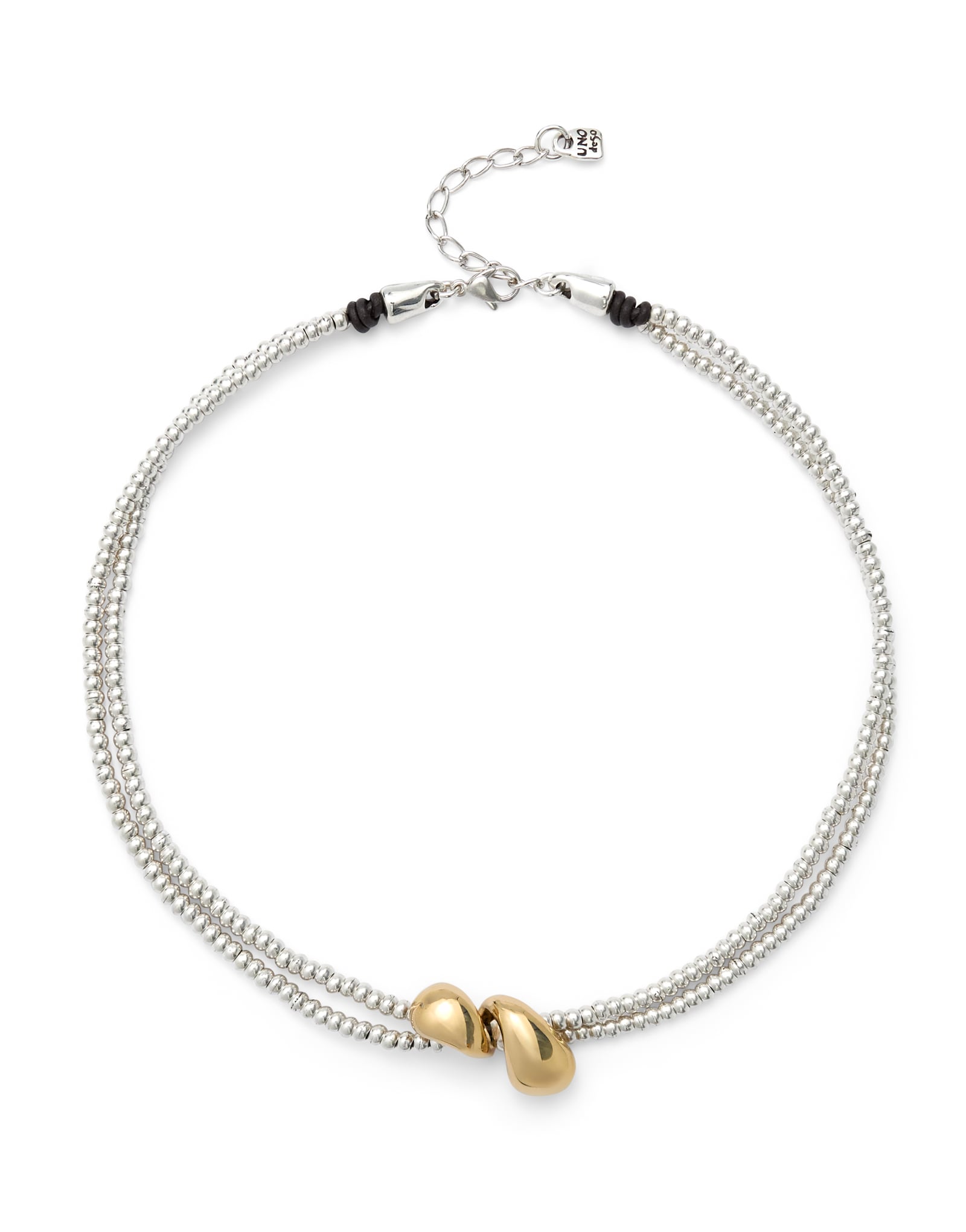 Multi-strand necklace with two intertwined drops