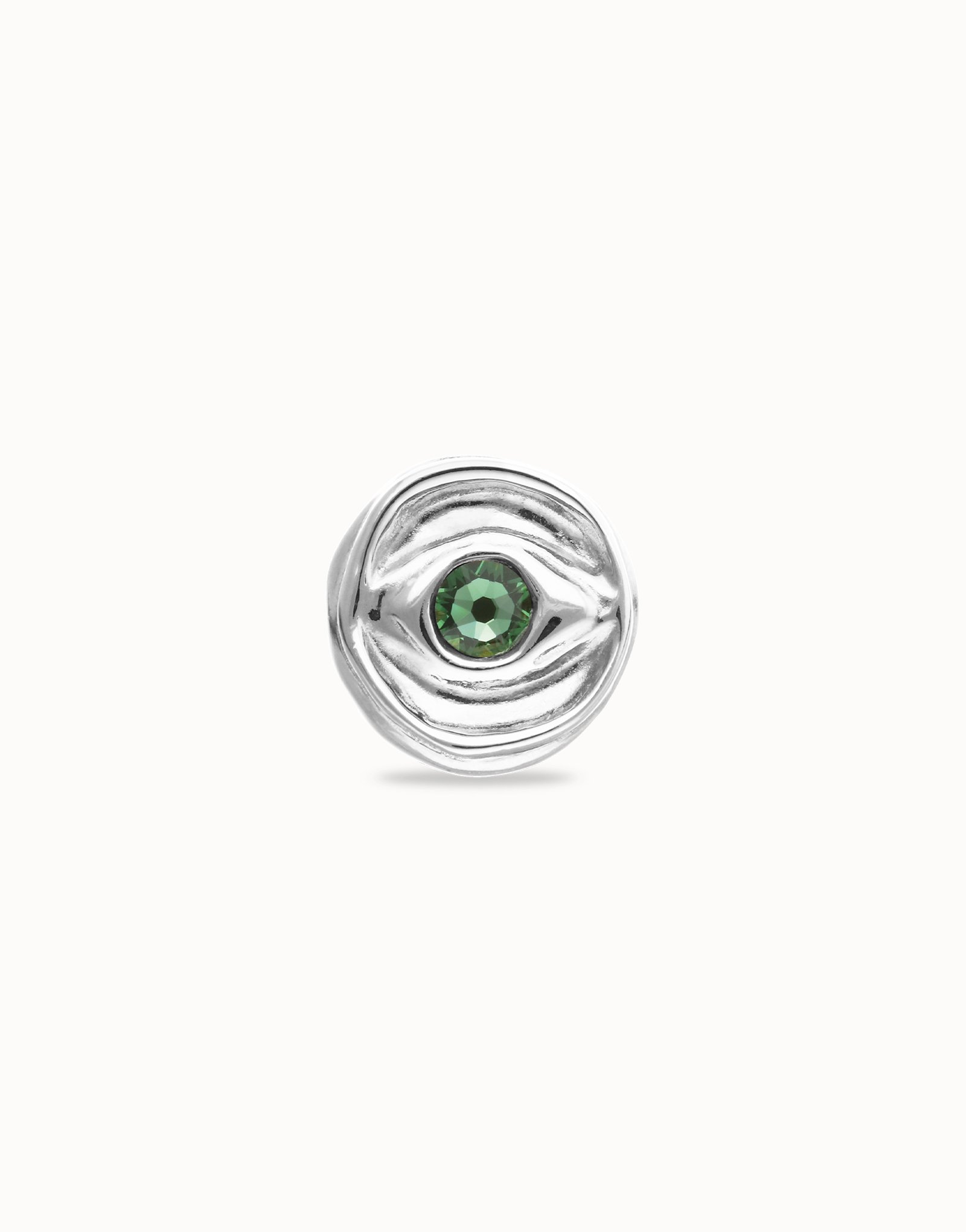 Anillo tipo sello en plata de ley y forma de ojo con cristal facetado verde, Plateado, large thumbnail